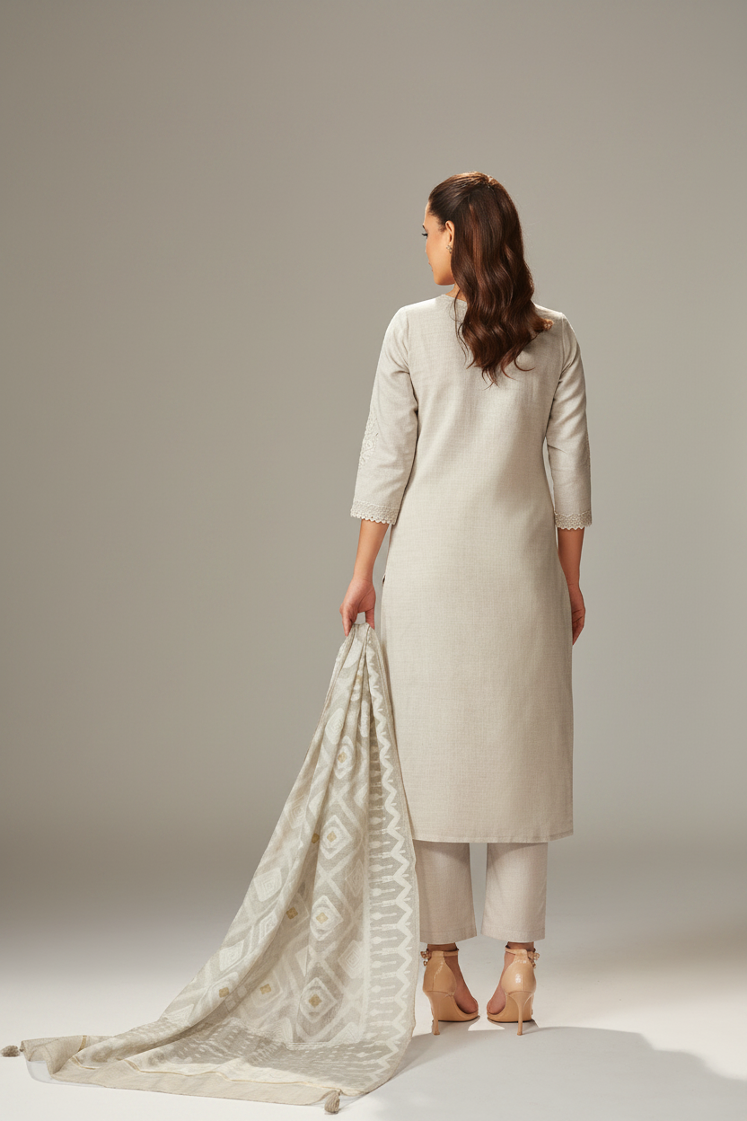 Mushroom Beige Chanderi Embroidery Kurta Set