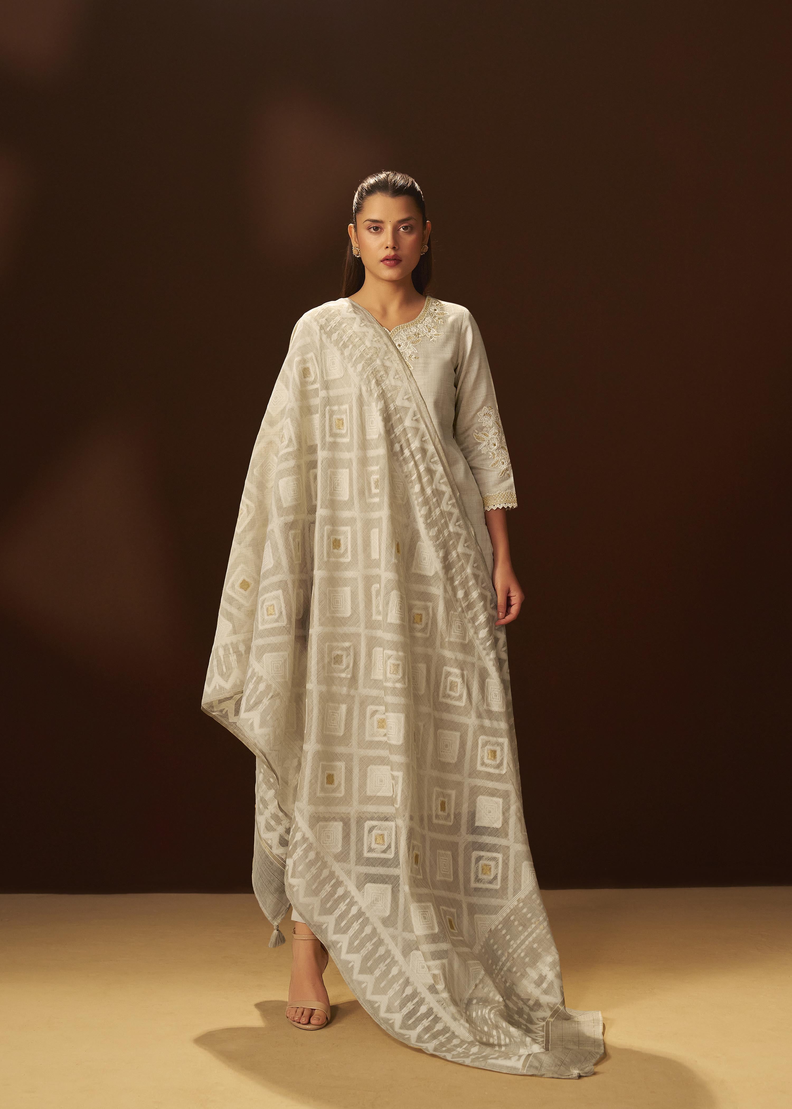 Mushroom Beige Chanderi Embroidery Kurta Set