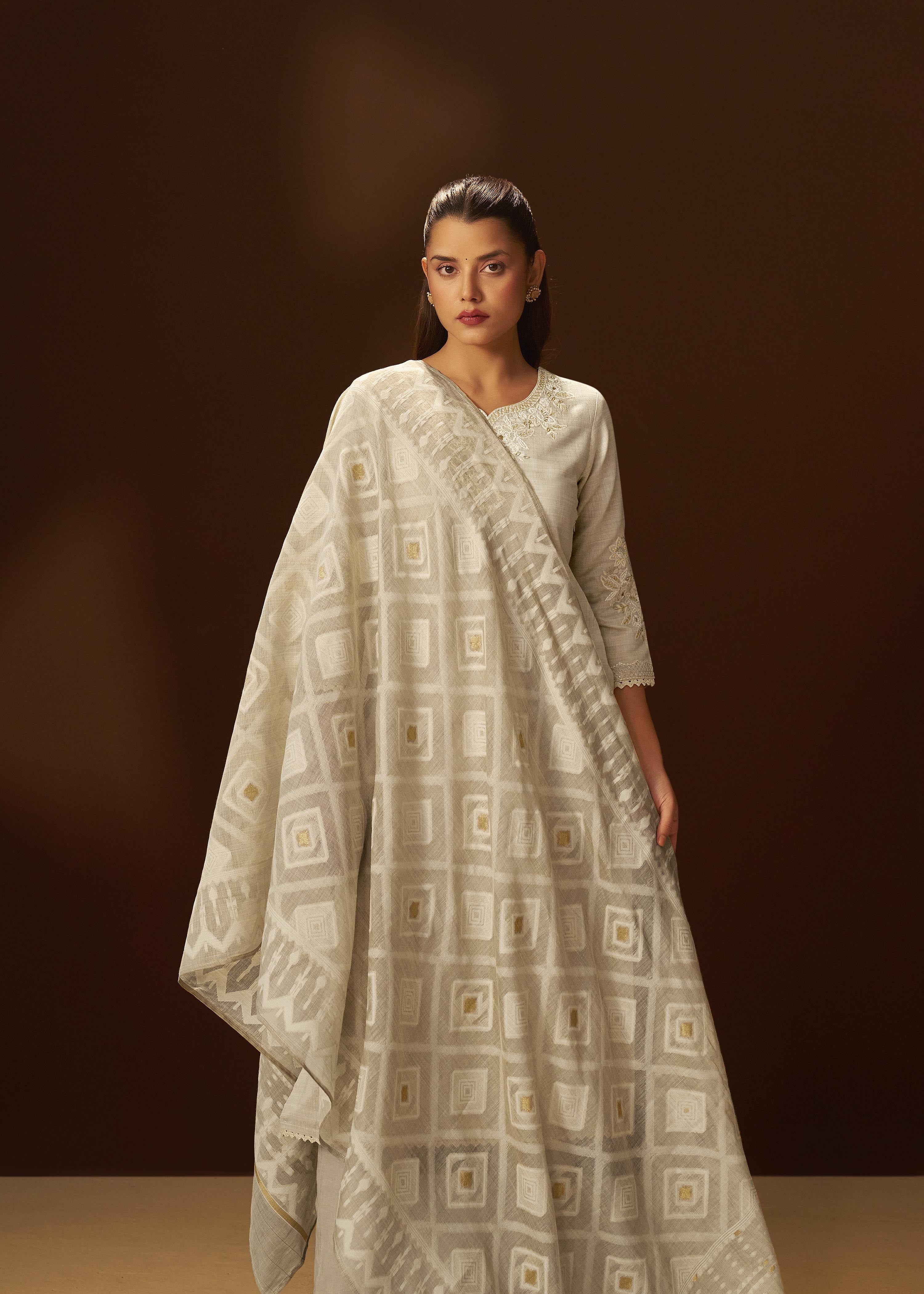 Mushroom Beige Chanderi Embroidery Kurta Set