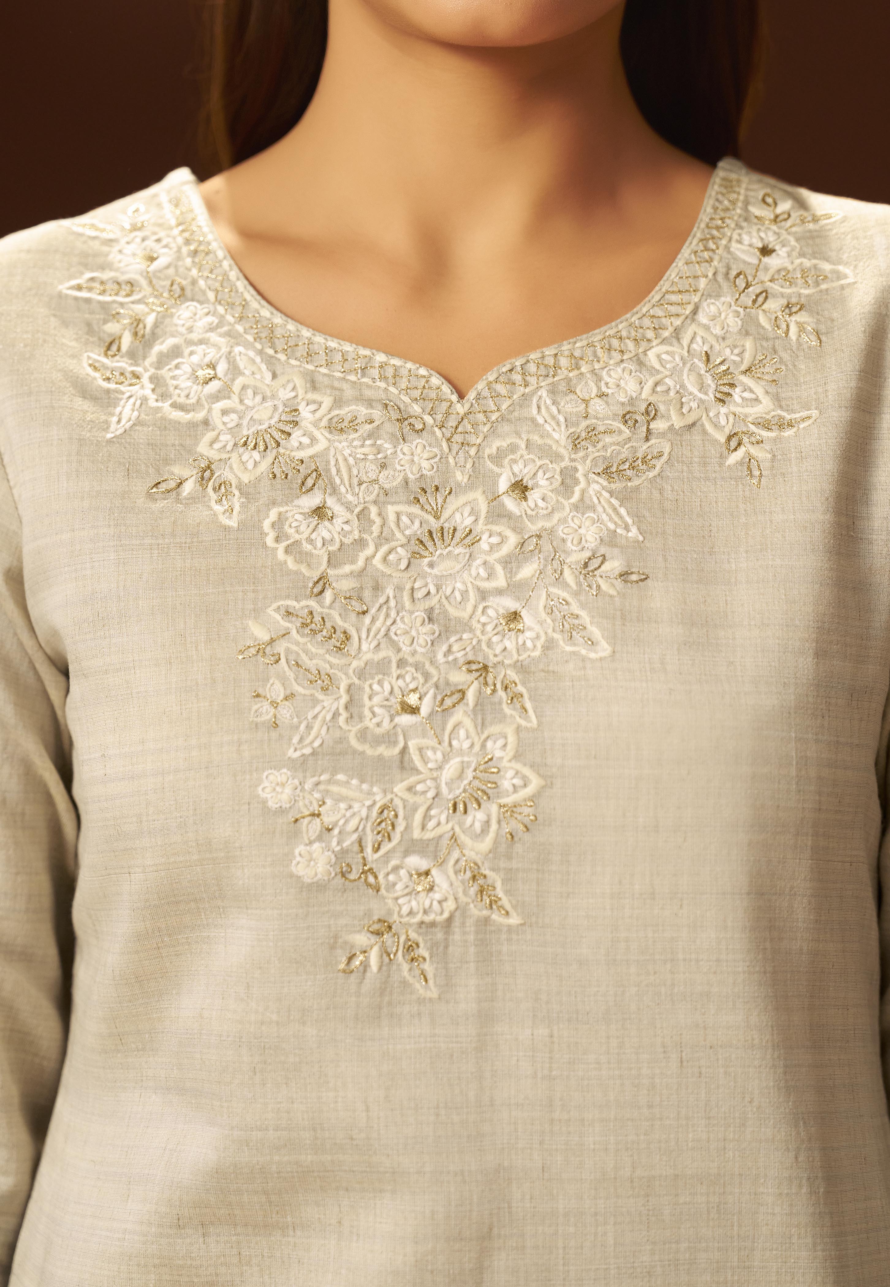 Mushroom Beige Chanderi Embroidery Kurta Set