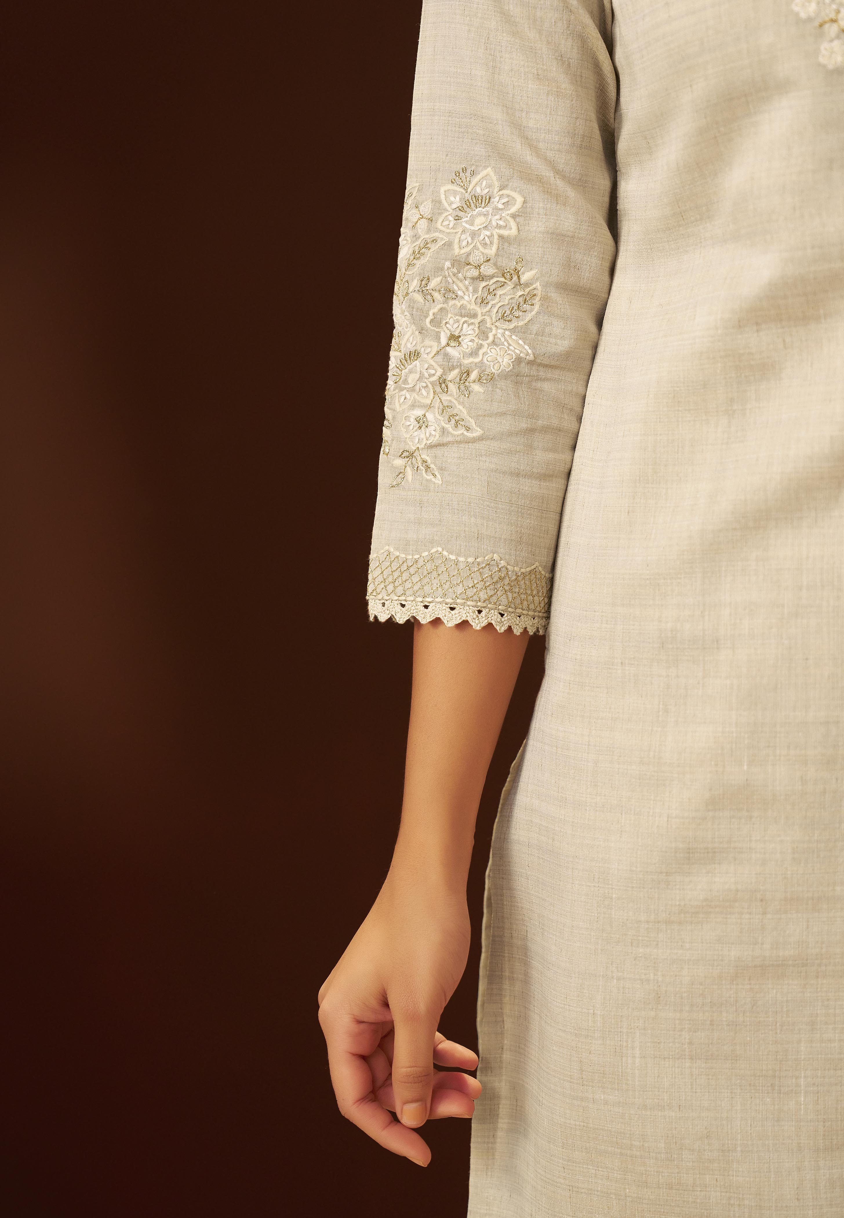 Mushroom Beige Chanderi Embroidery Kurta Set