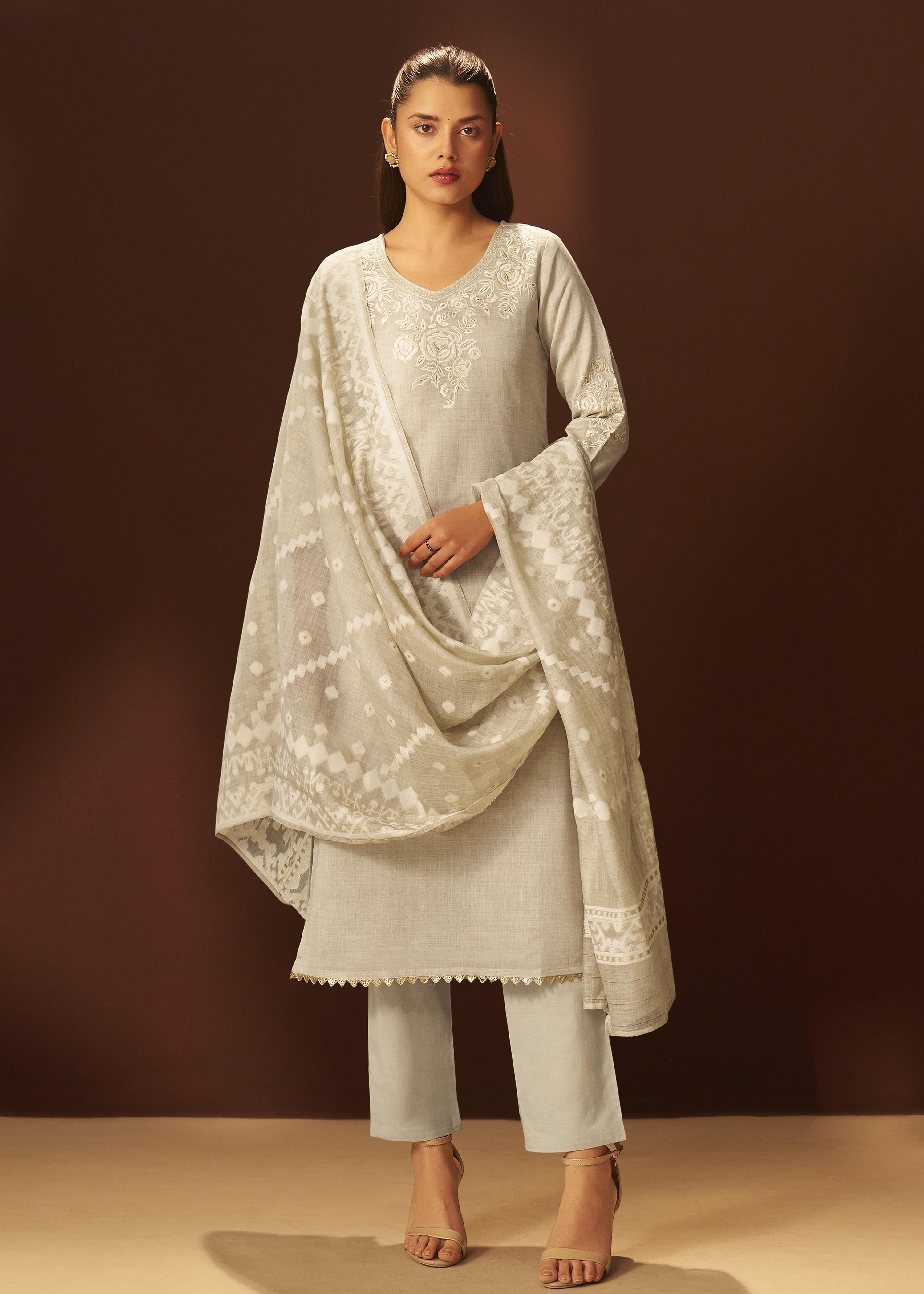 Muted Beige Chanderi Embroidery Kurta Set