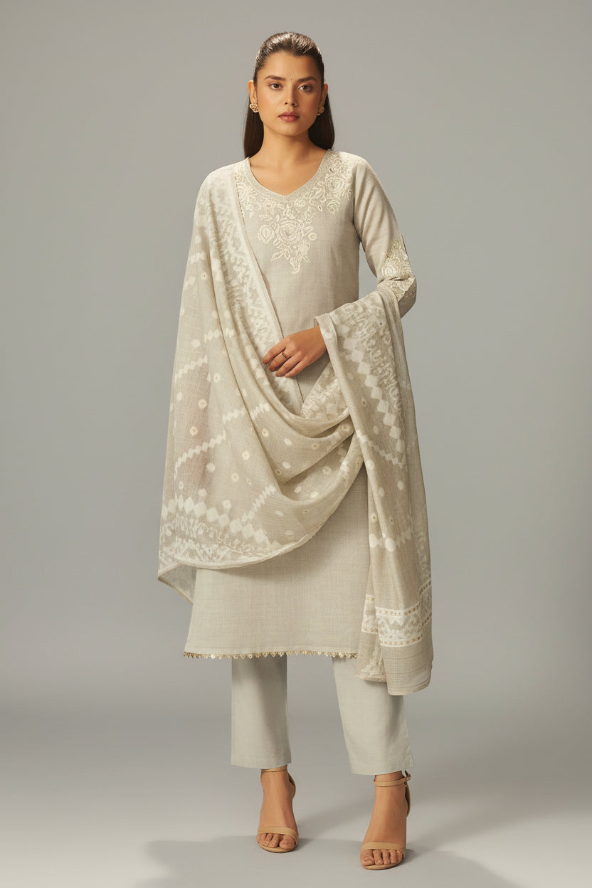 Muted Beige Chanderi Embroidery Kurta Set