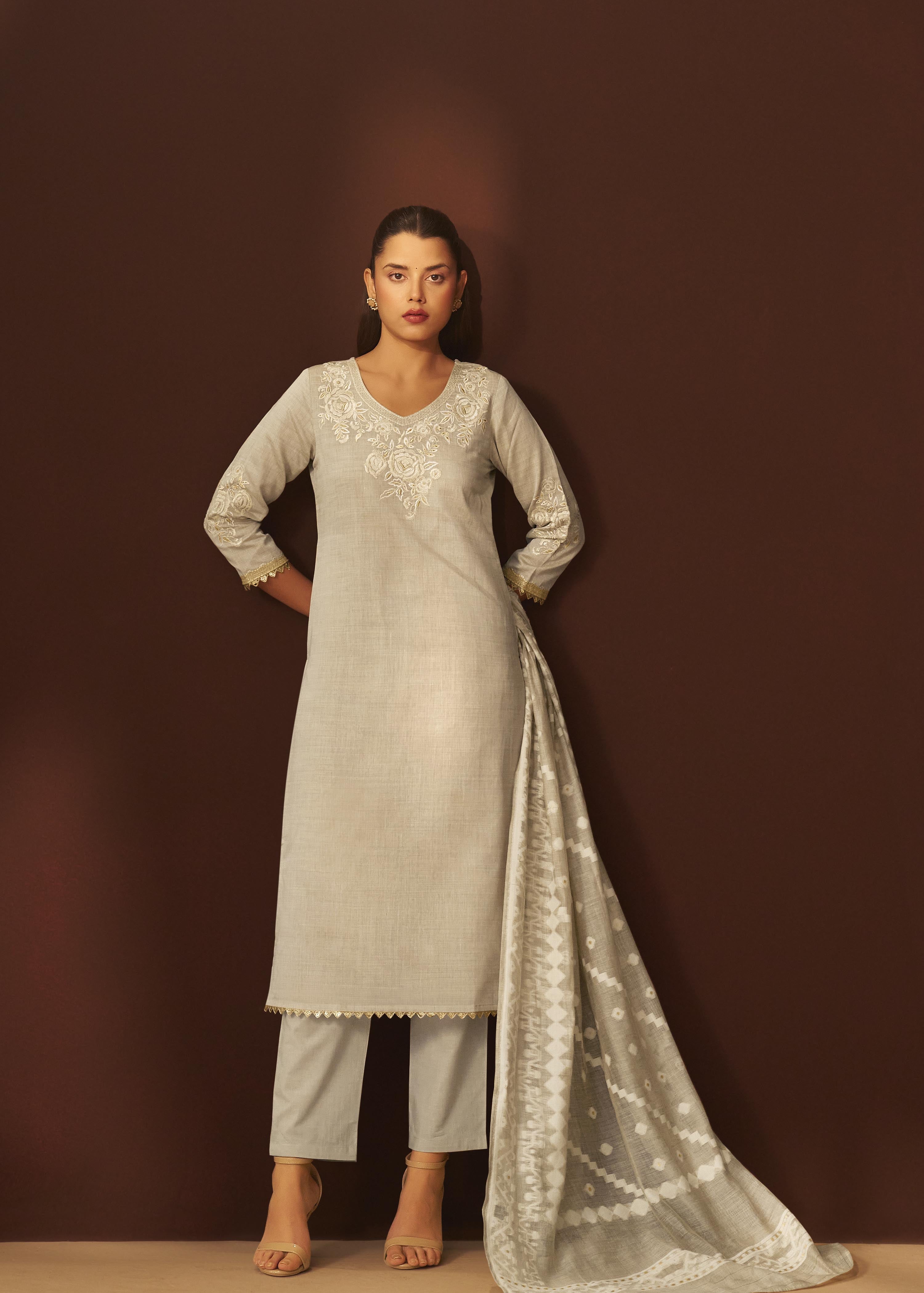 Muted Beige Chanderi Embroidery Kurta Set