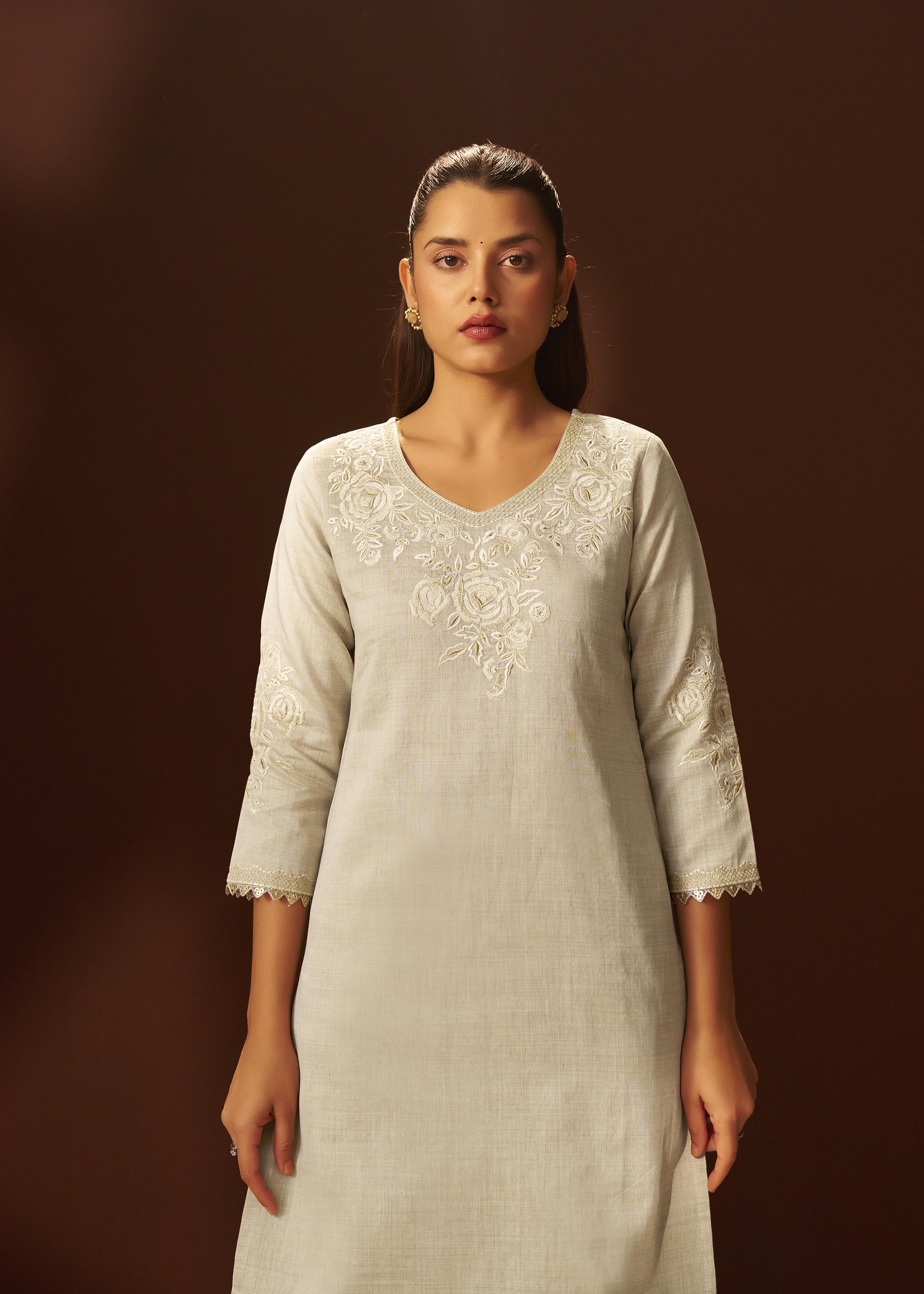 Muted Beige Chanderi Embroidery Kurta Set