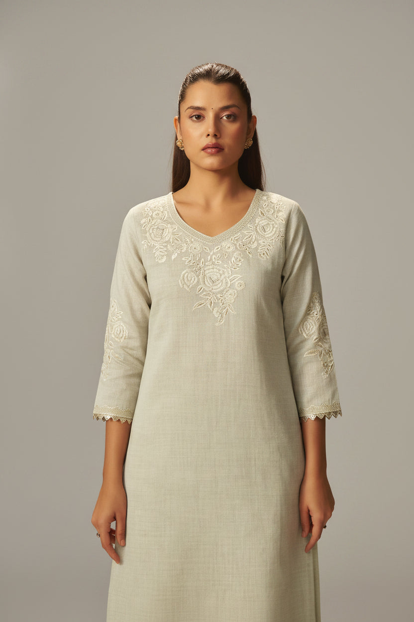 Muted Beige Chanderi Embroidery Kurta Set