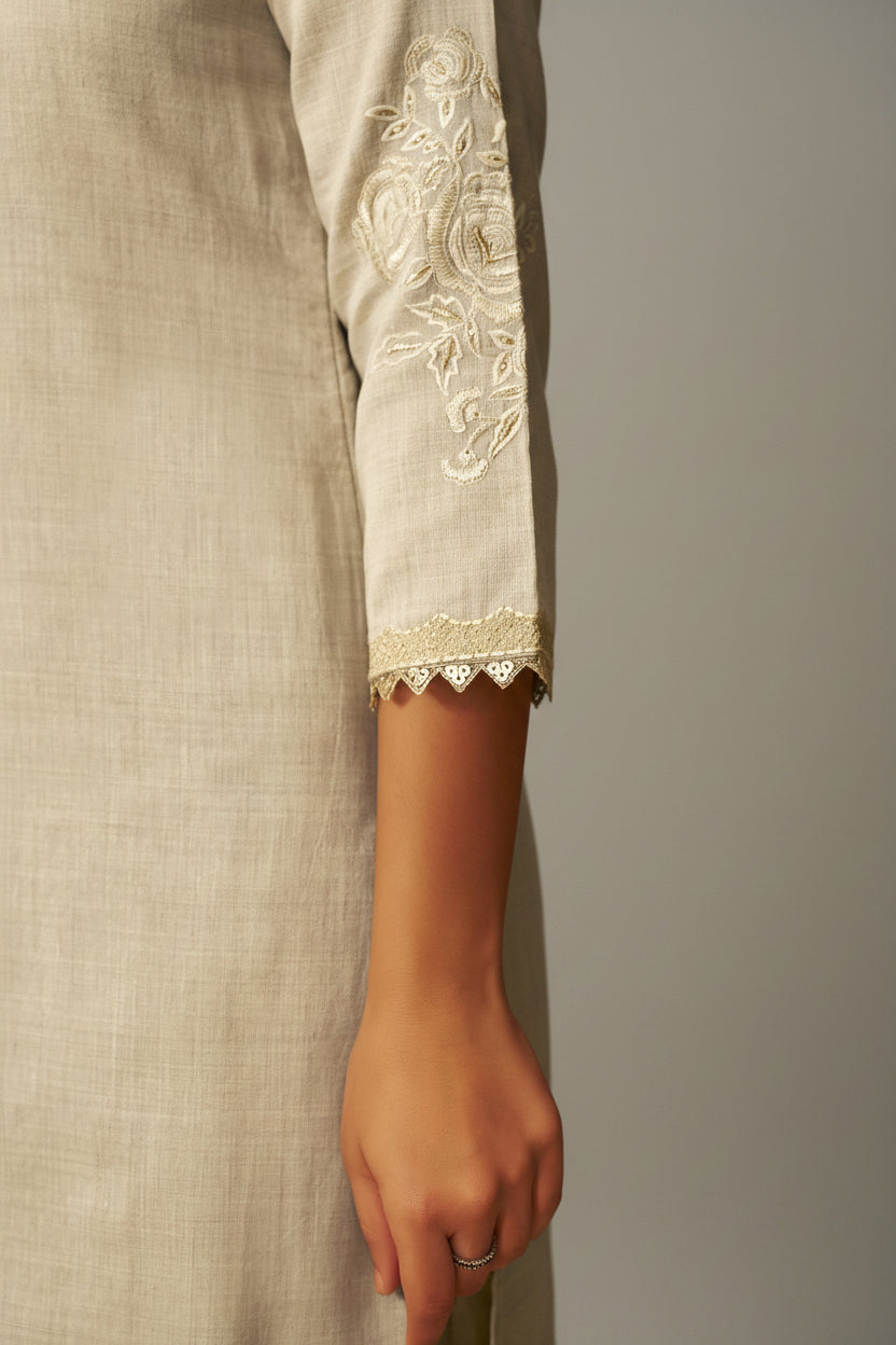 Muted Beige Chanderi Embroidery Kurta Set