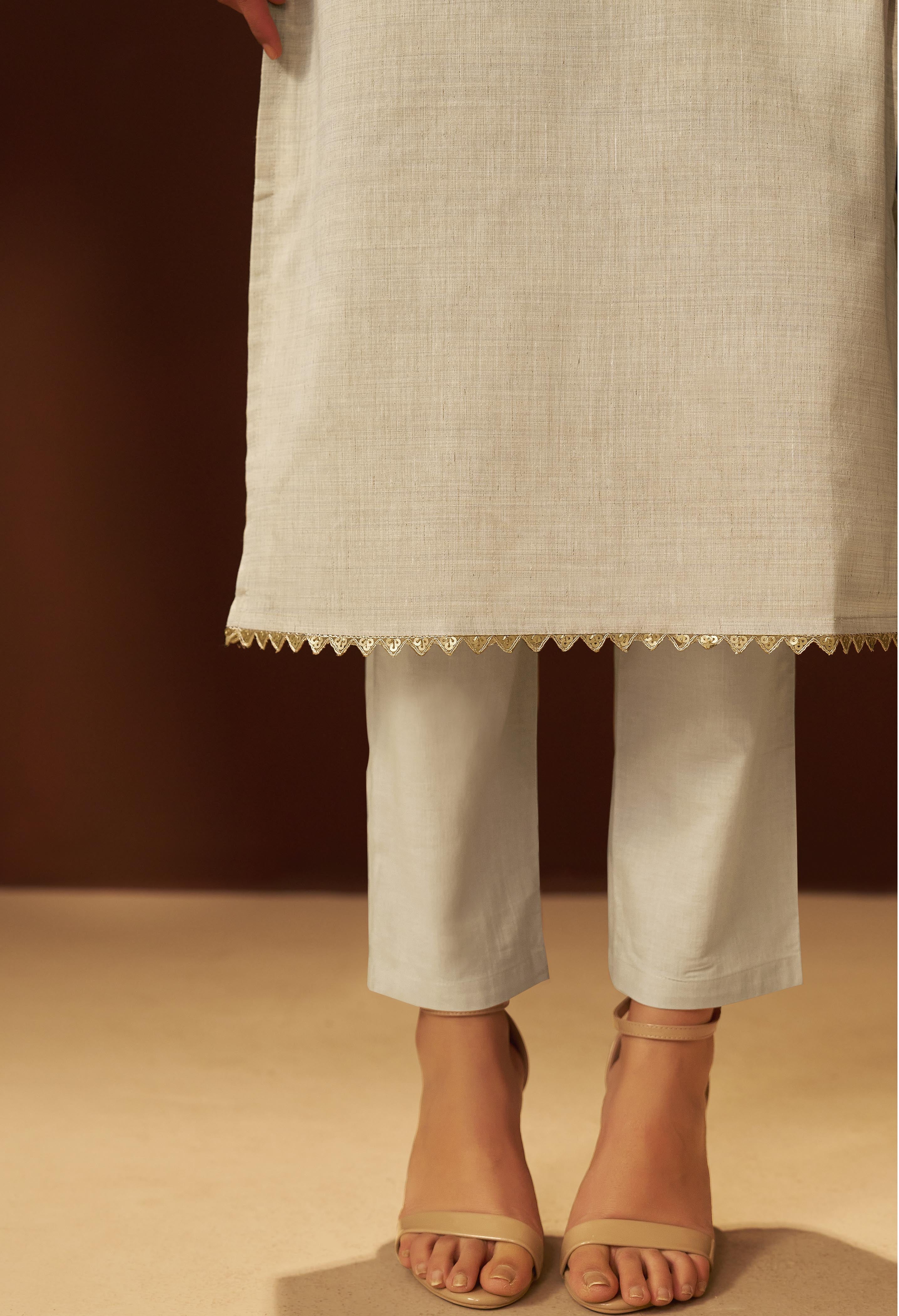 Muted Beige Chanderi Embroidery Kurta Set