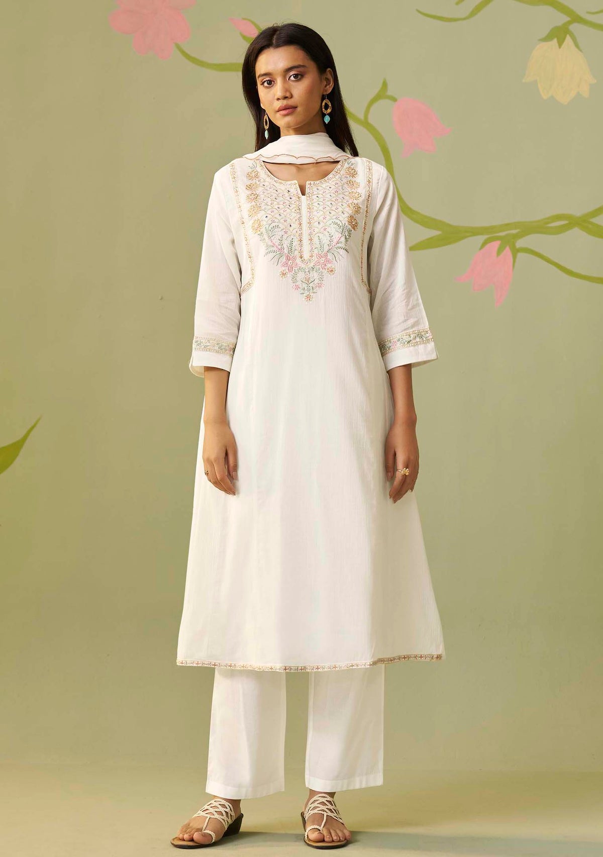 Aarohi Cream Cotton-Crush Embroidered Kurta Set