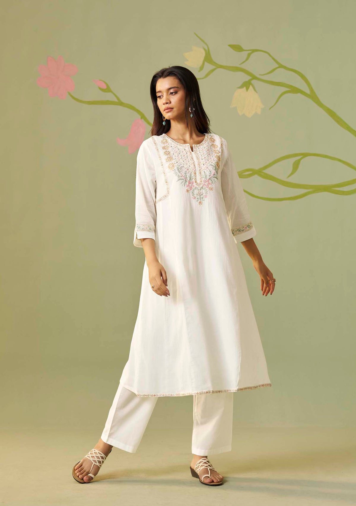 Aarohi Cream Cotton-Crush Embroidered Kurta Set