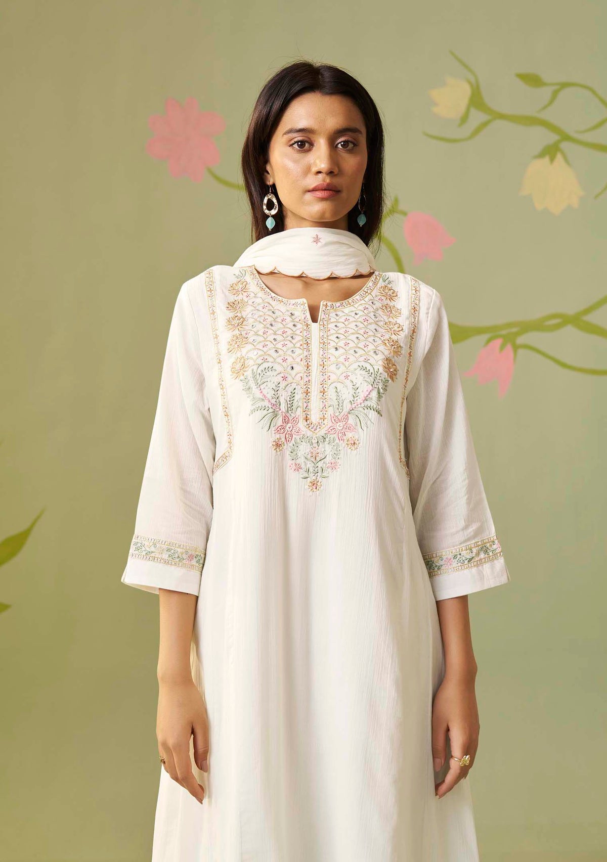 Aarohi Cream Cotton-Crush Embroidered Kurta Set