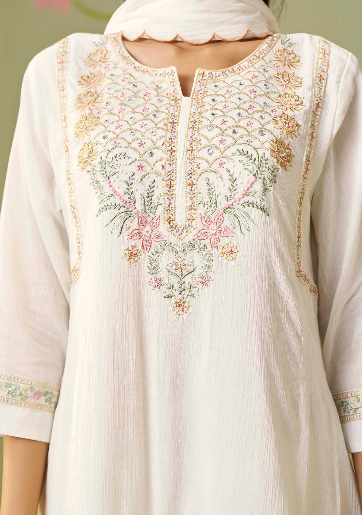 Aarohi Cream Cotton-Crush Embroidered Kurta Set