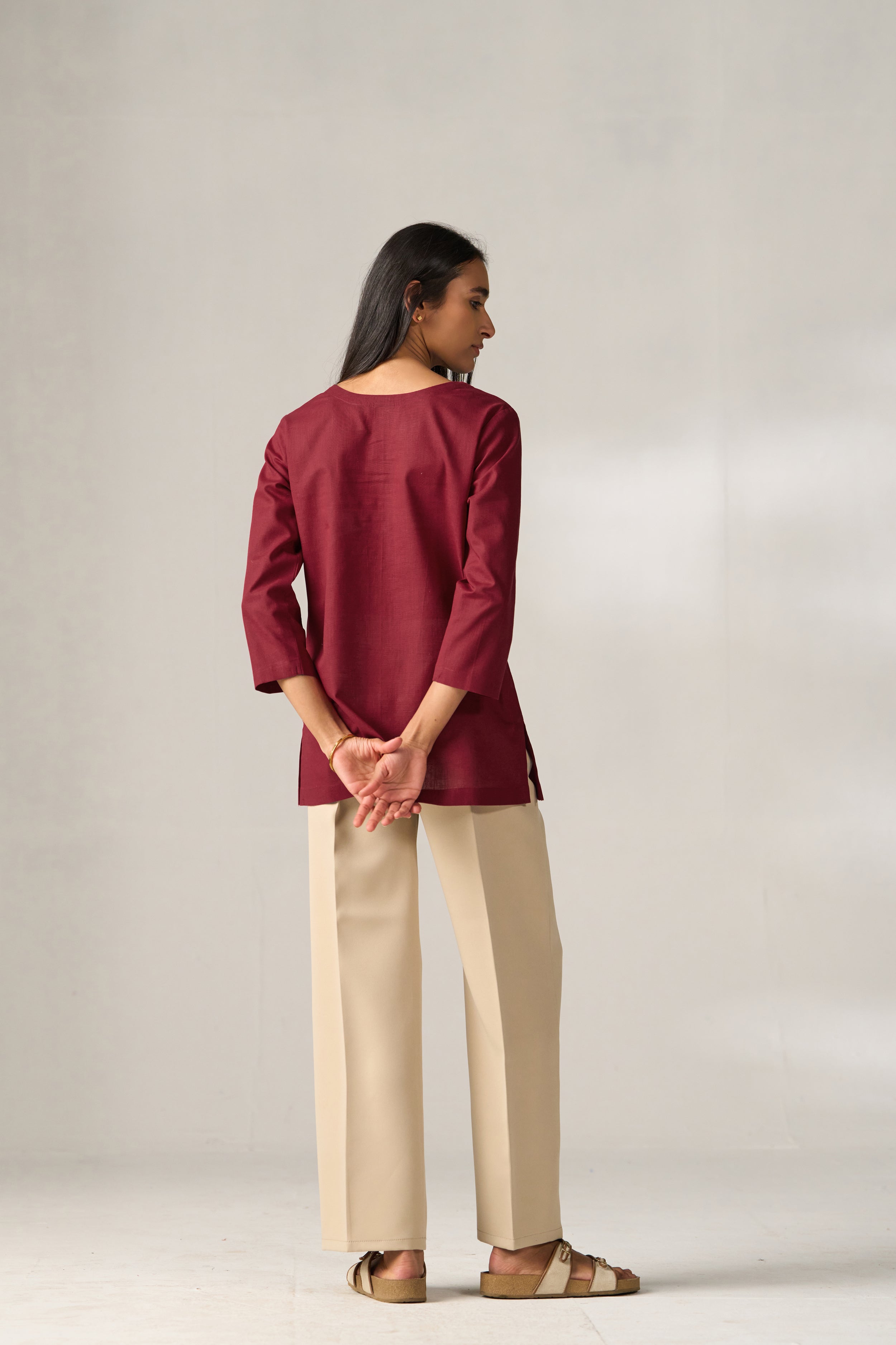 Maroon Cotton Linen Plain Tunic with Buttoning Details