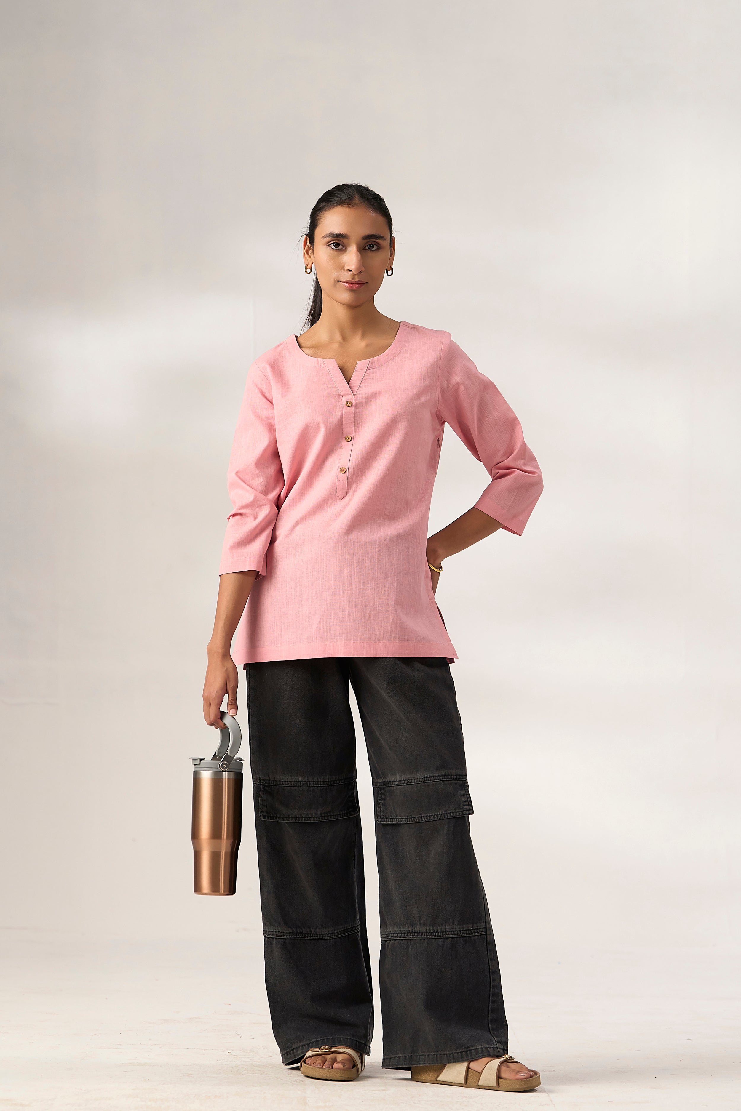 Pink Cotton Linen Plain Tunic with Buttoning Details