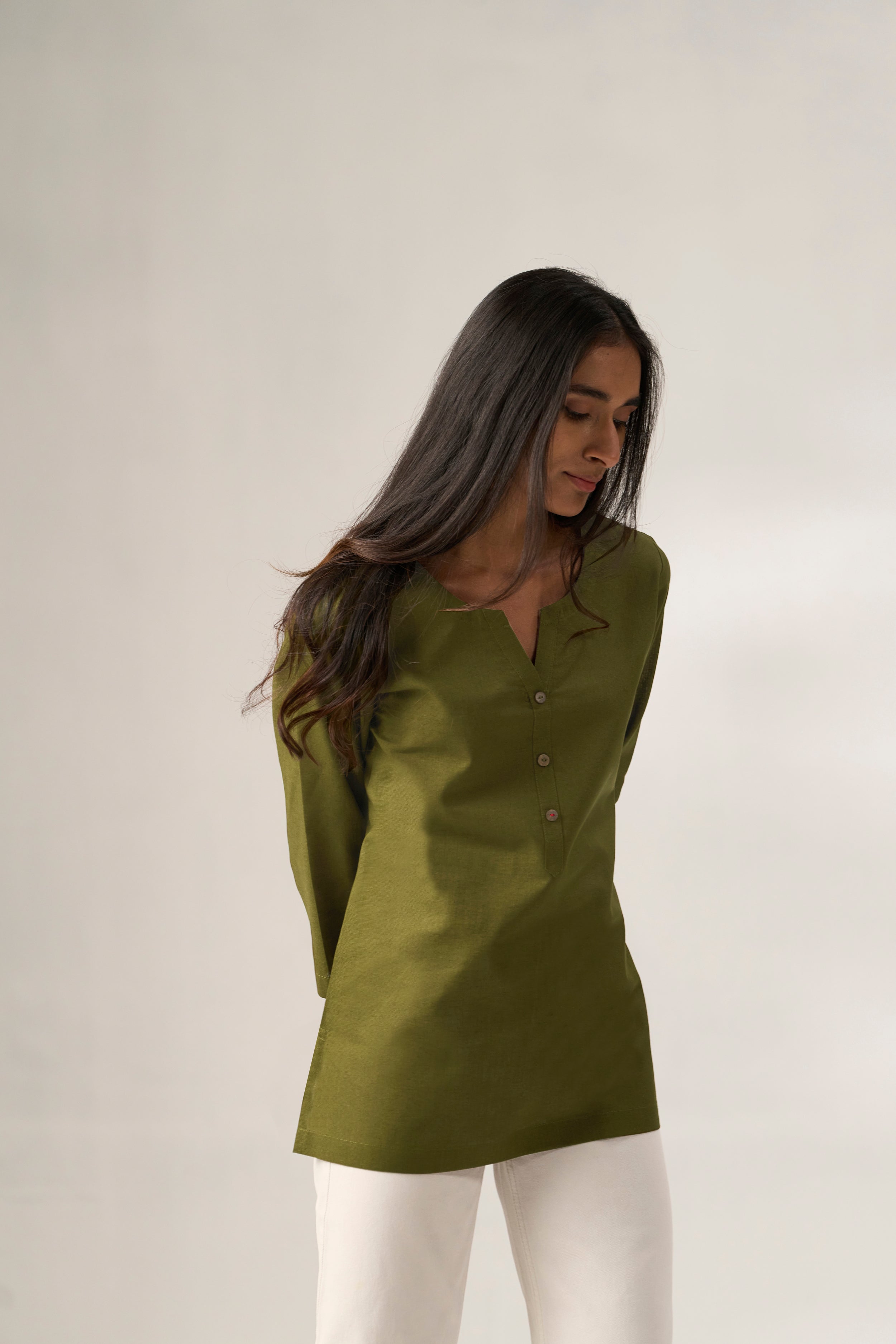 Olive Cotton Linen Plain Tunic with Buttoning Details