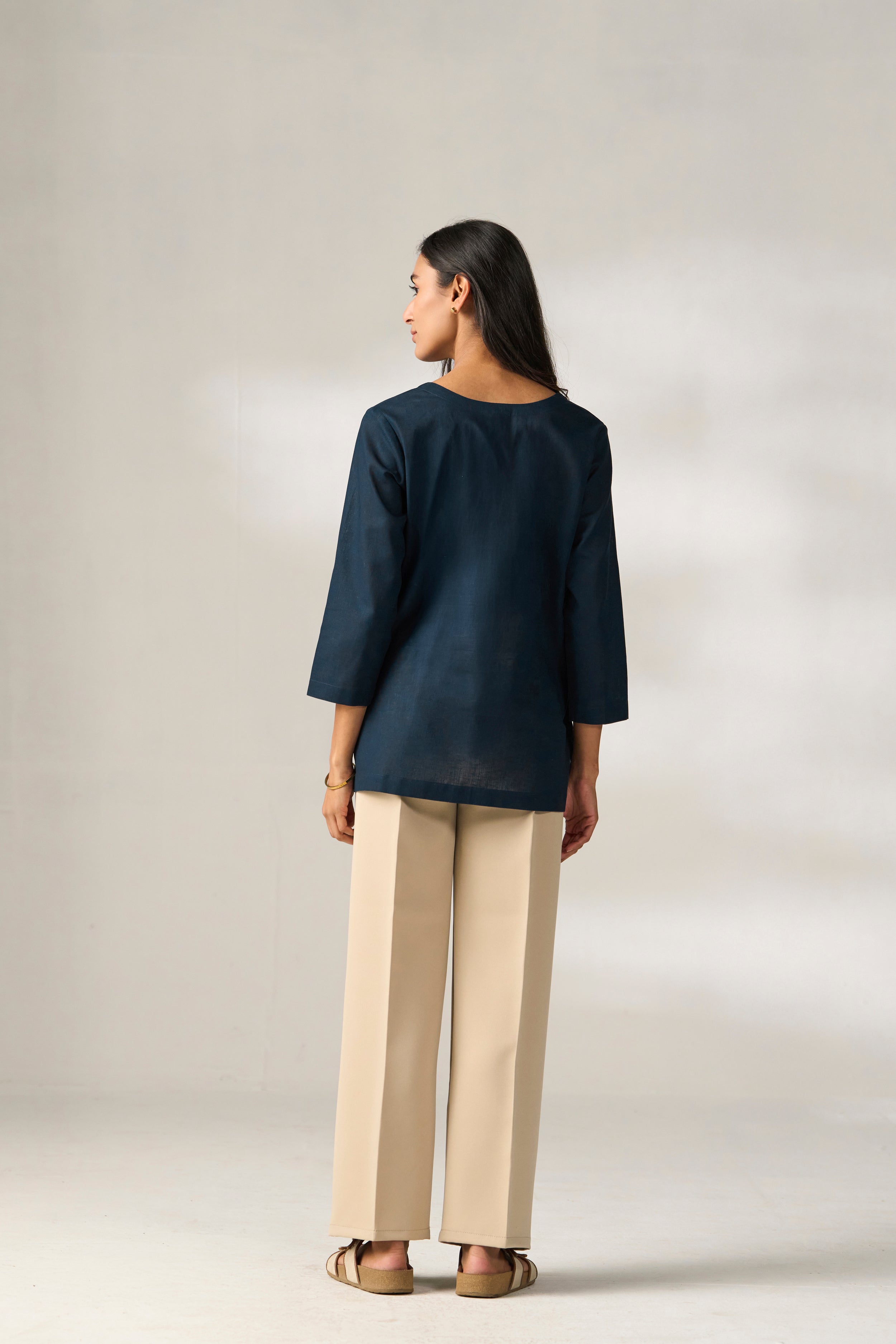 Navy Blue Cotton Linen Plain Tunic with Buttoning Details