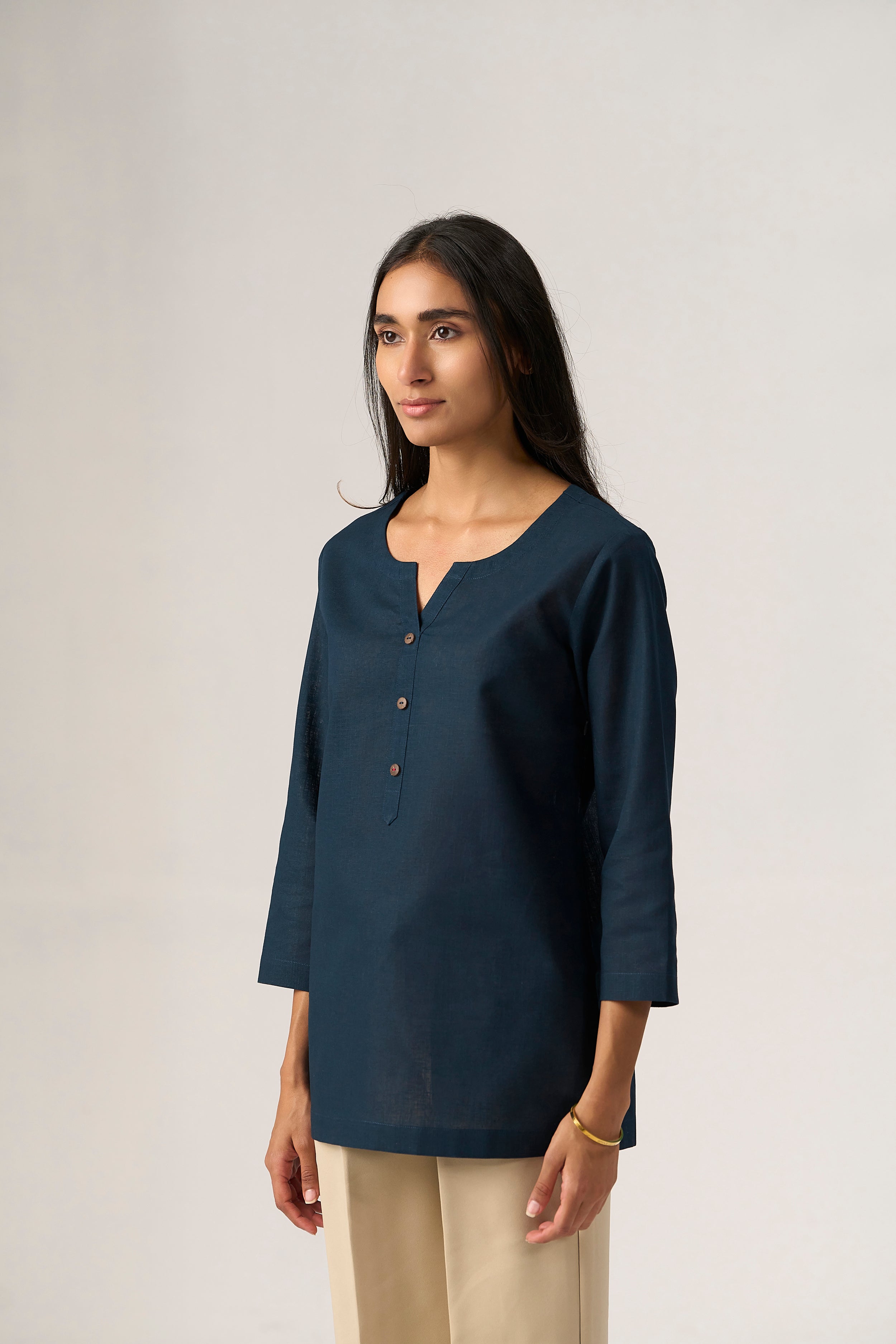 Navy Blue Cotton Linen Plain Tunic with Buttoning Details