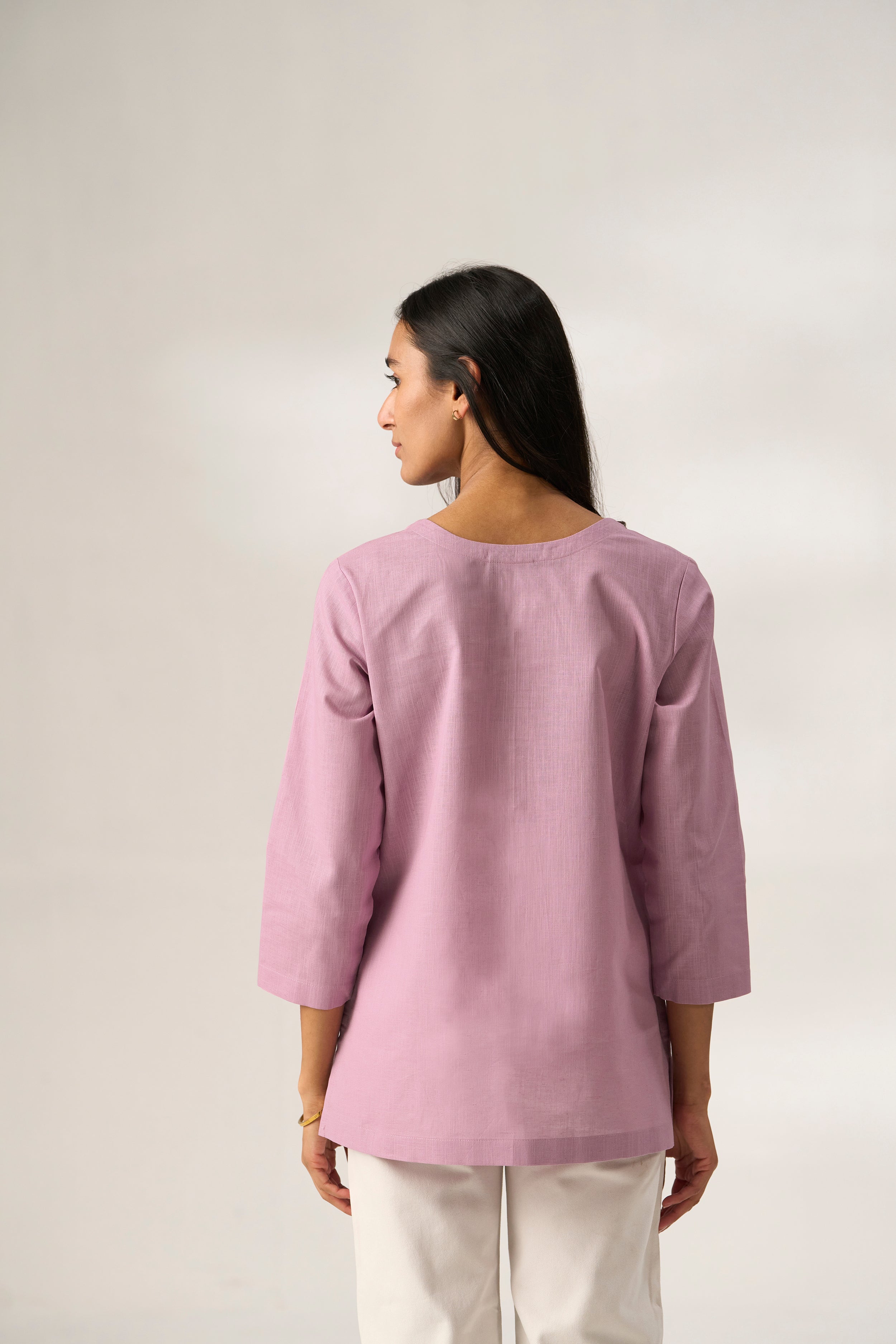 Lavender Cotton Linen Plain Tunic with Buttoning Details
