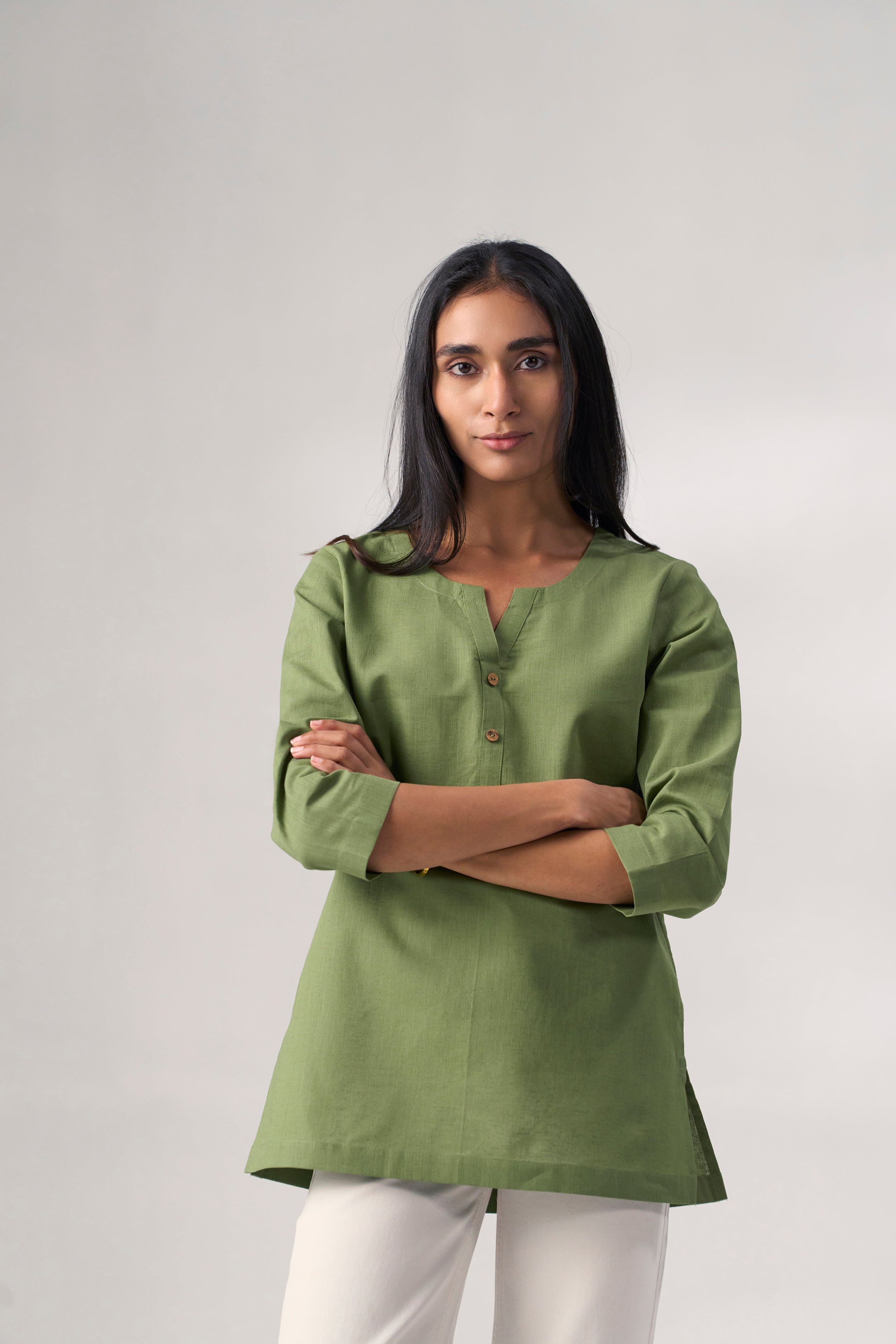 Green Cotton Linen Plain Tunic with Buttoning Details