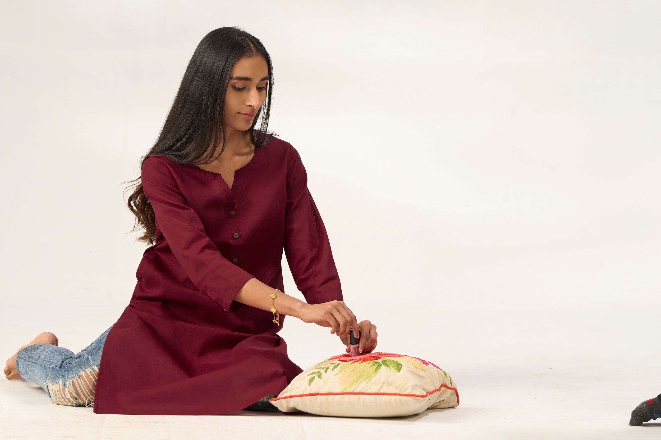 Maroon Cotton Linen Plain Kurti with Buttoning Details