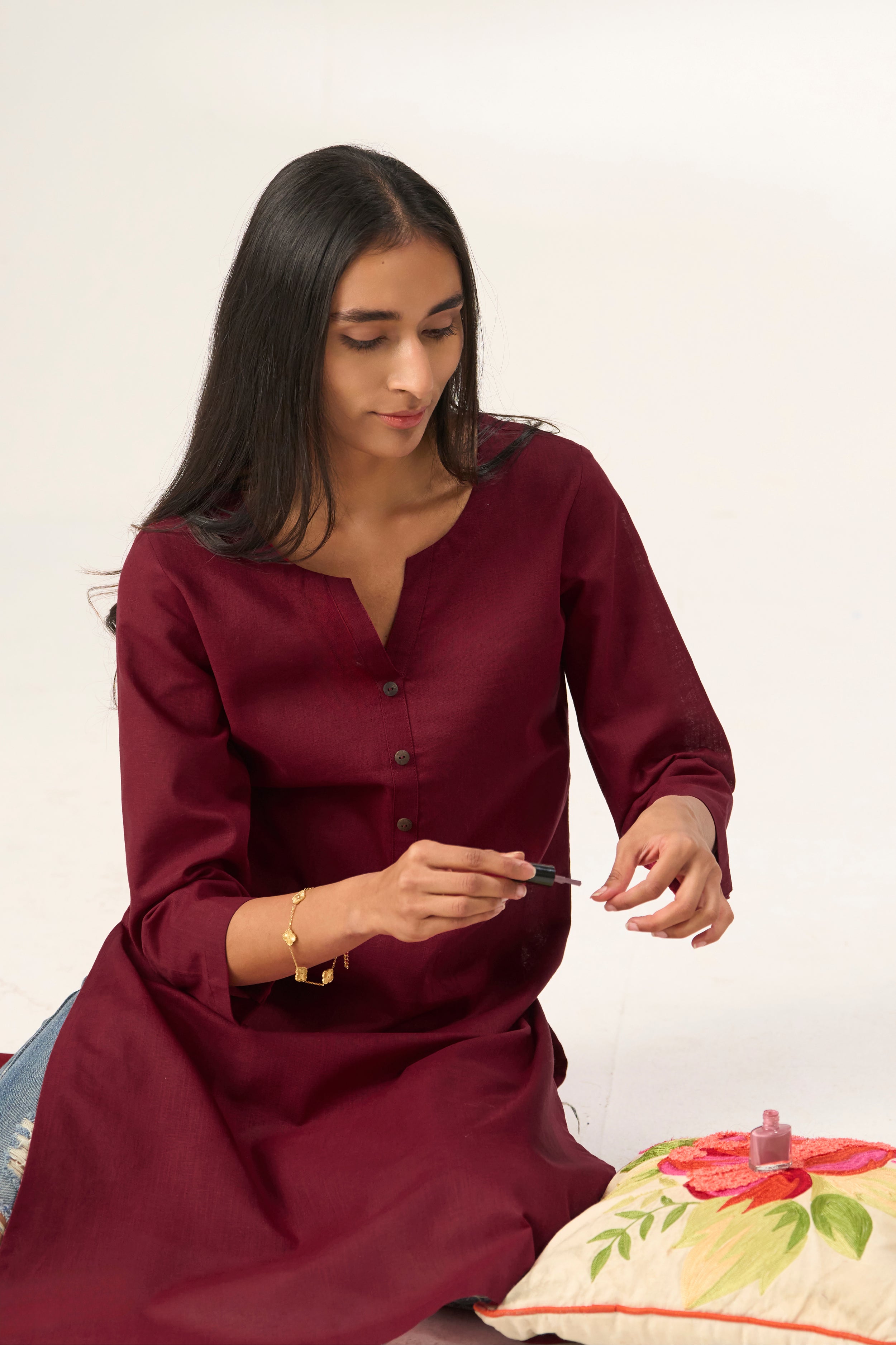 Maroon Cotton Linen Plain Kurti with Buttoning Details