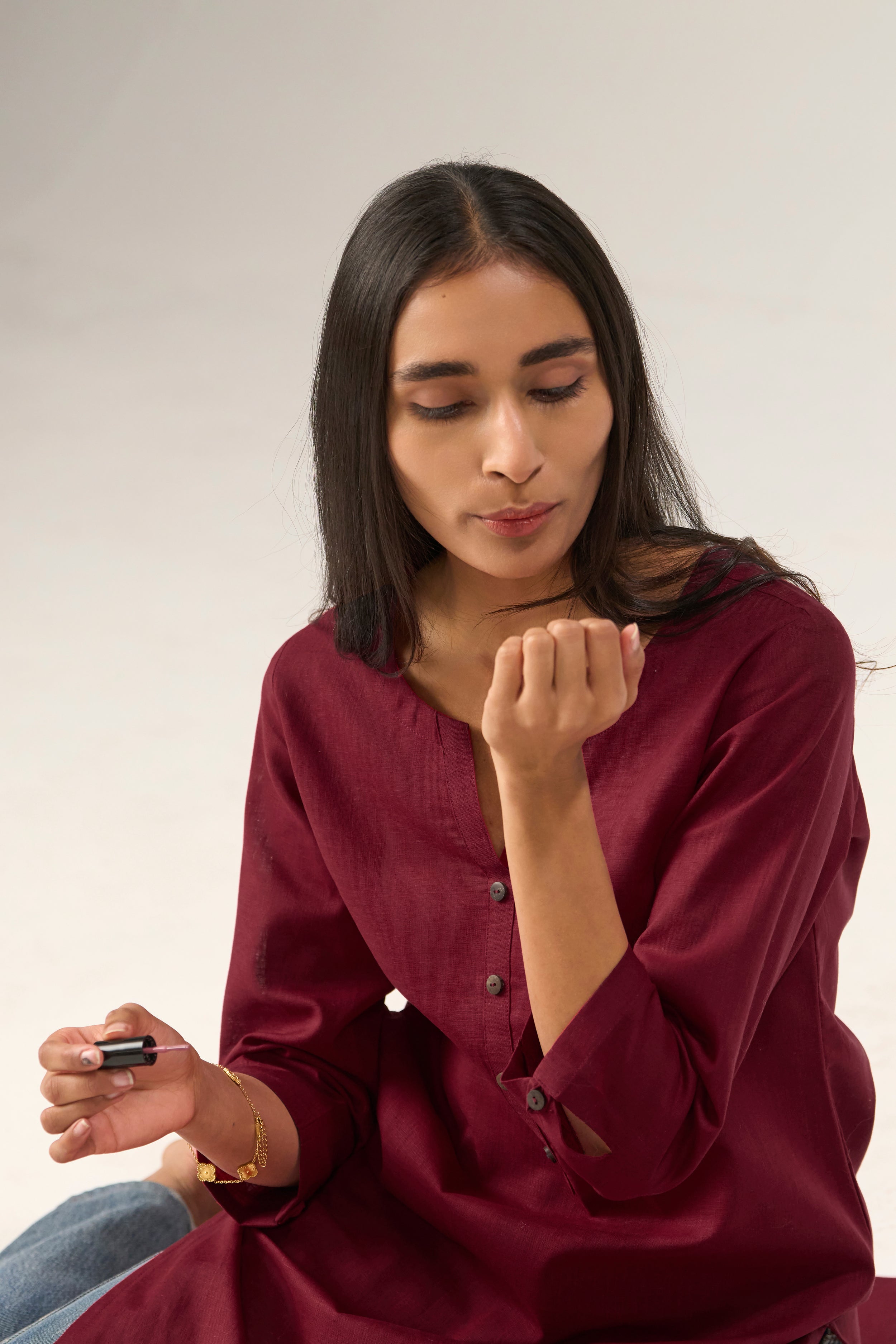 Maroon Cotton Linen Plain Kurti with Buttoning Details