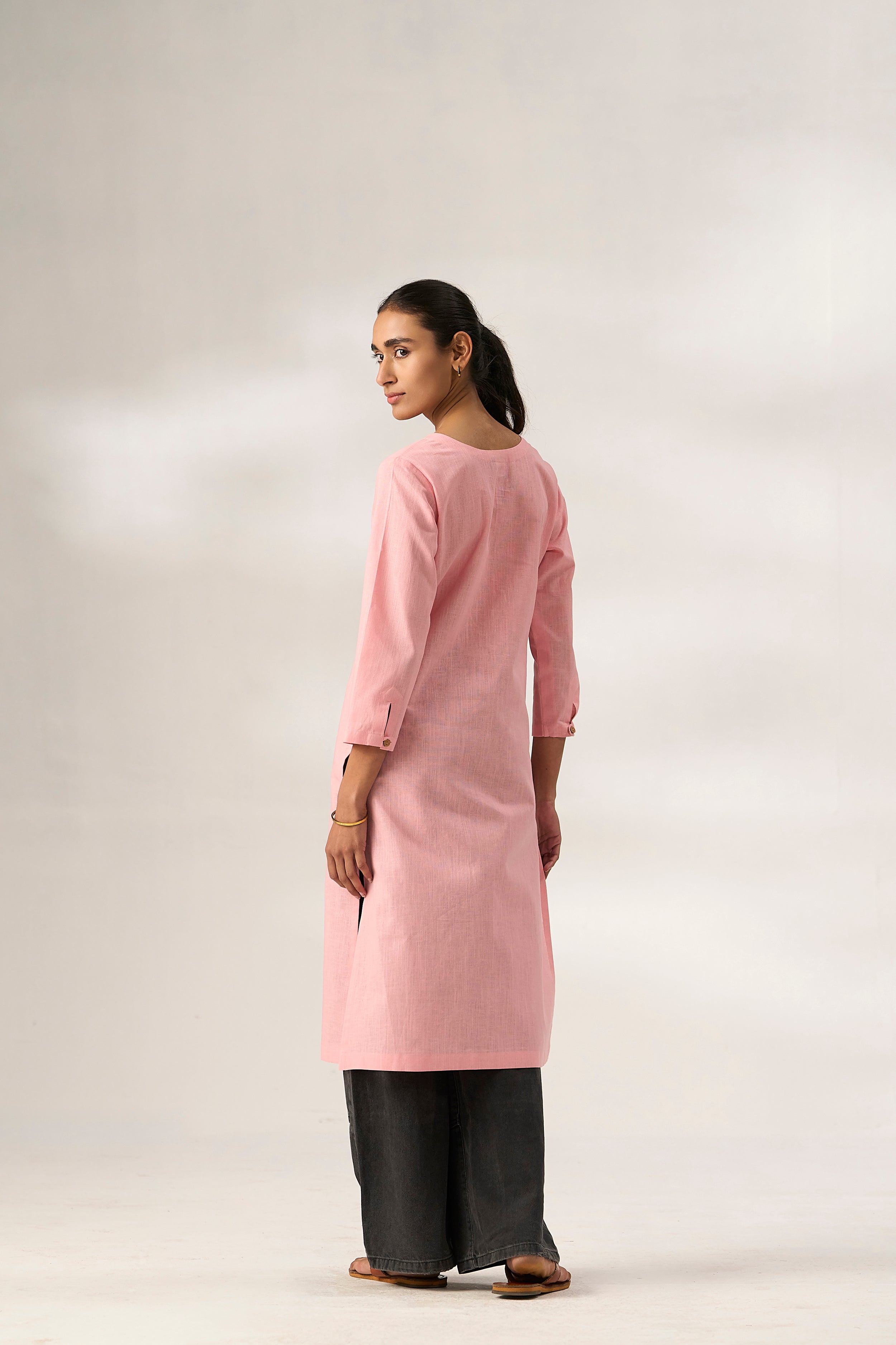 Pink Cotton Linen Plain Kurti with Buttoning Details