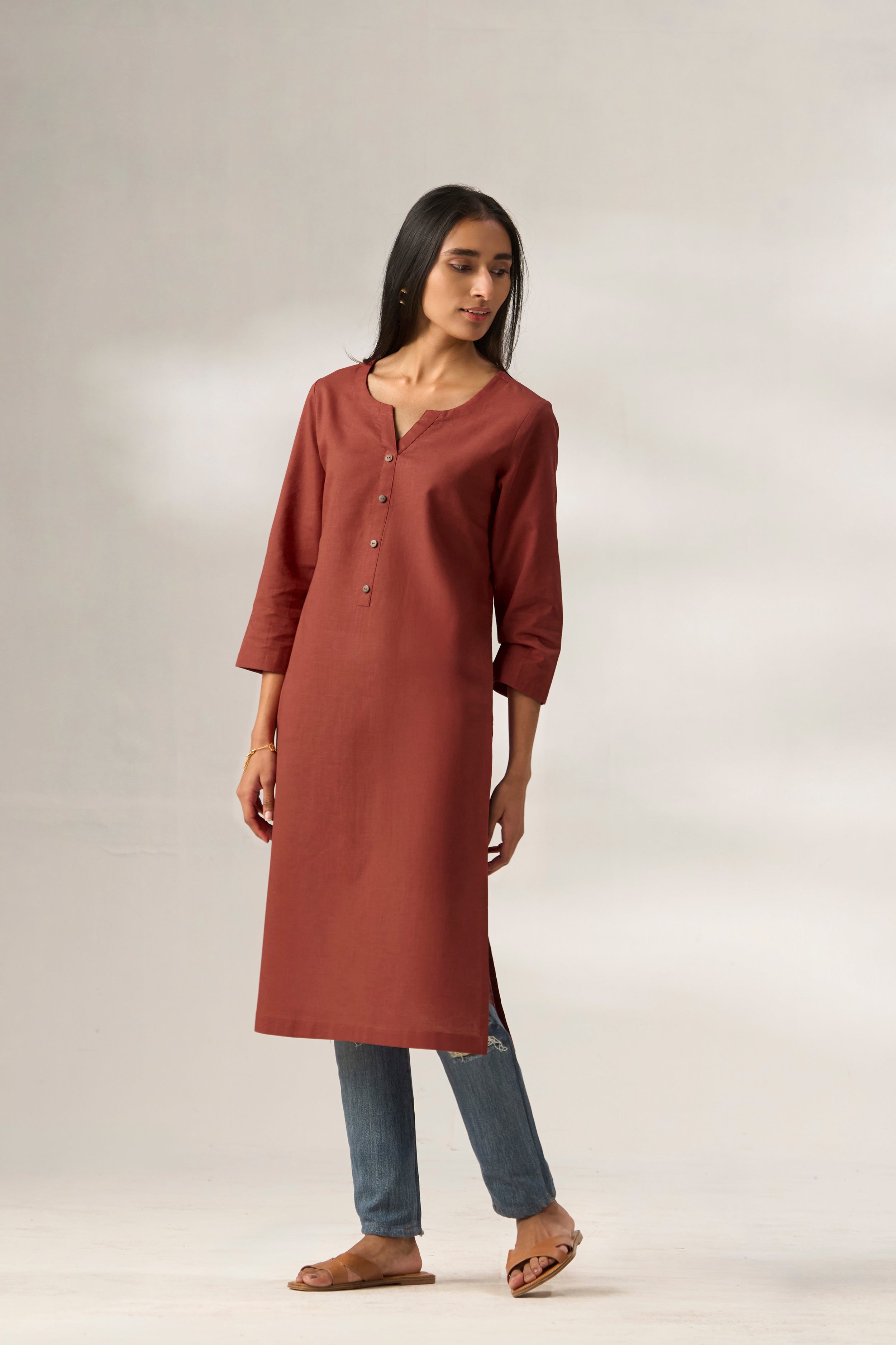 Rust Cotton Linen Plain Kurti with Buttoning Details