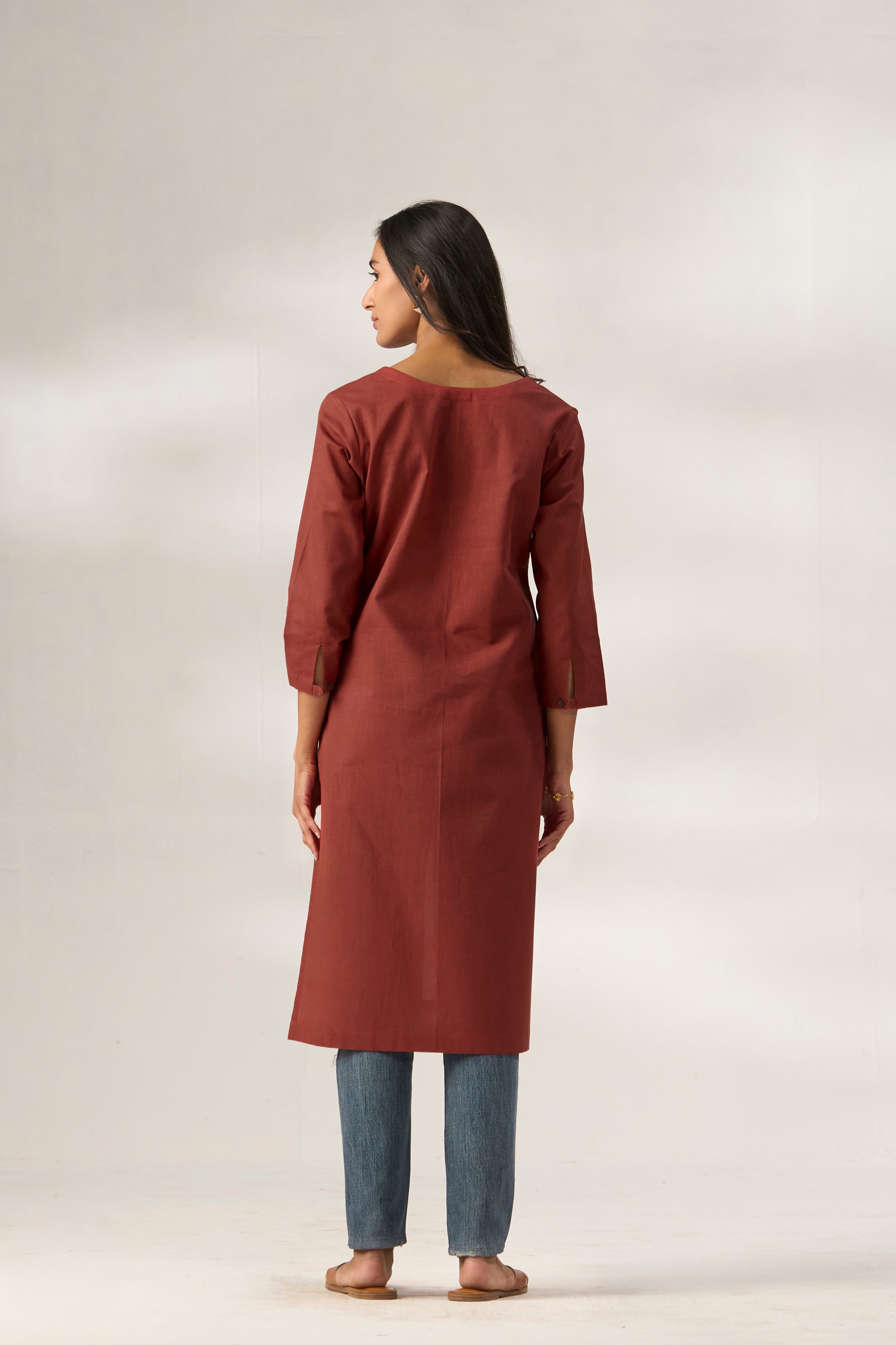 Rust Cotton Linen Plain Kurti with Buttoning Details