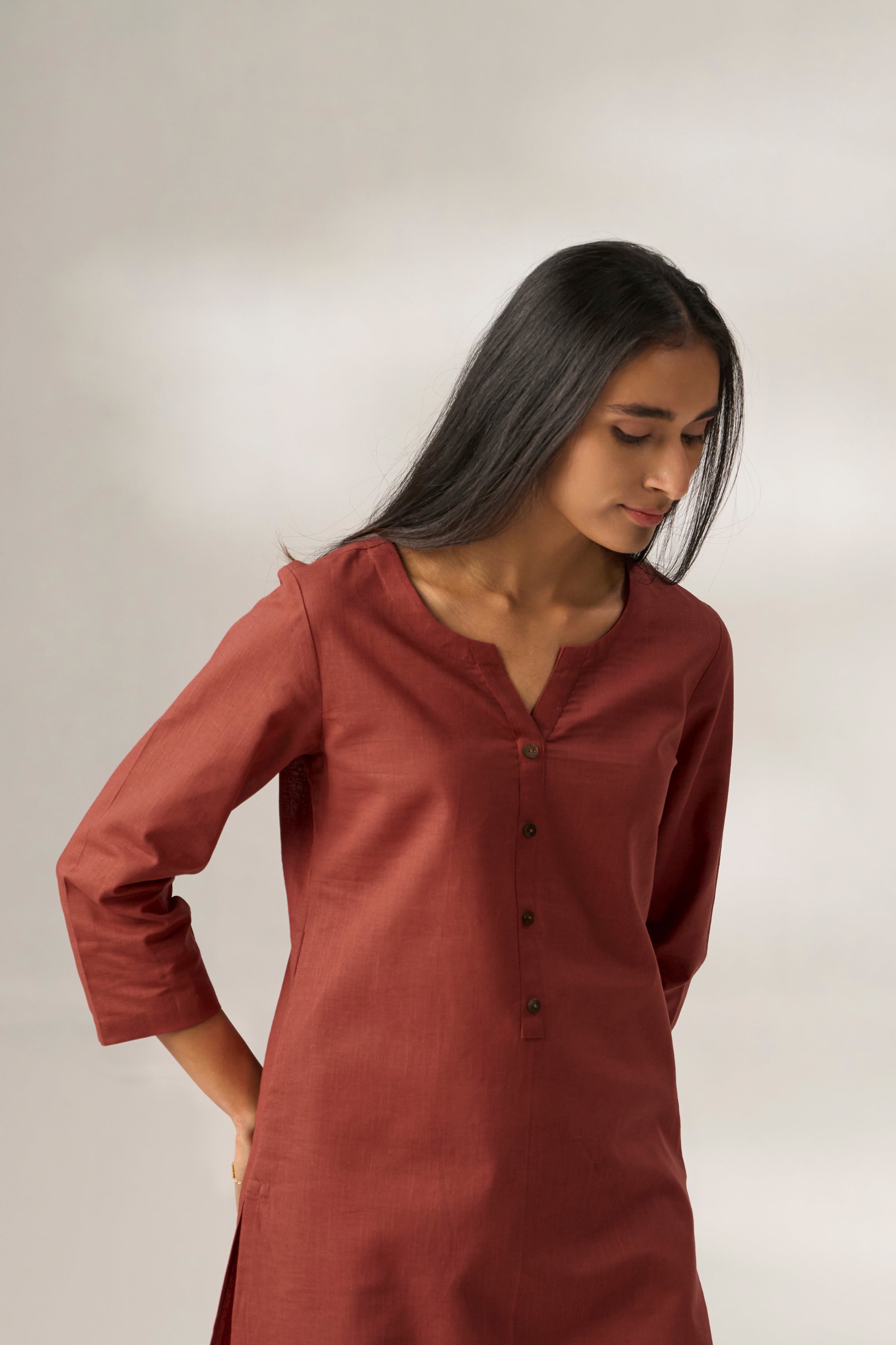 Rust Cotton Linen Plain Kurti with Buttoning Details