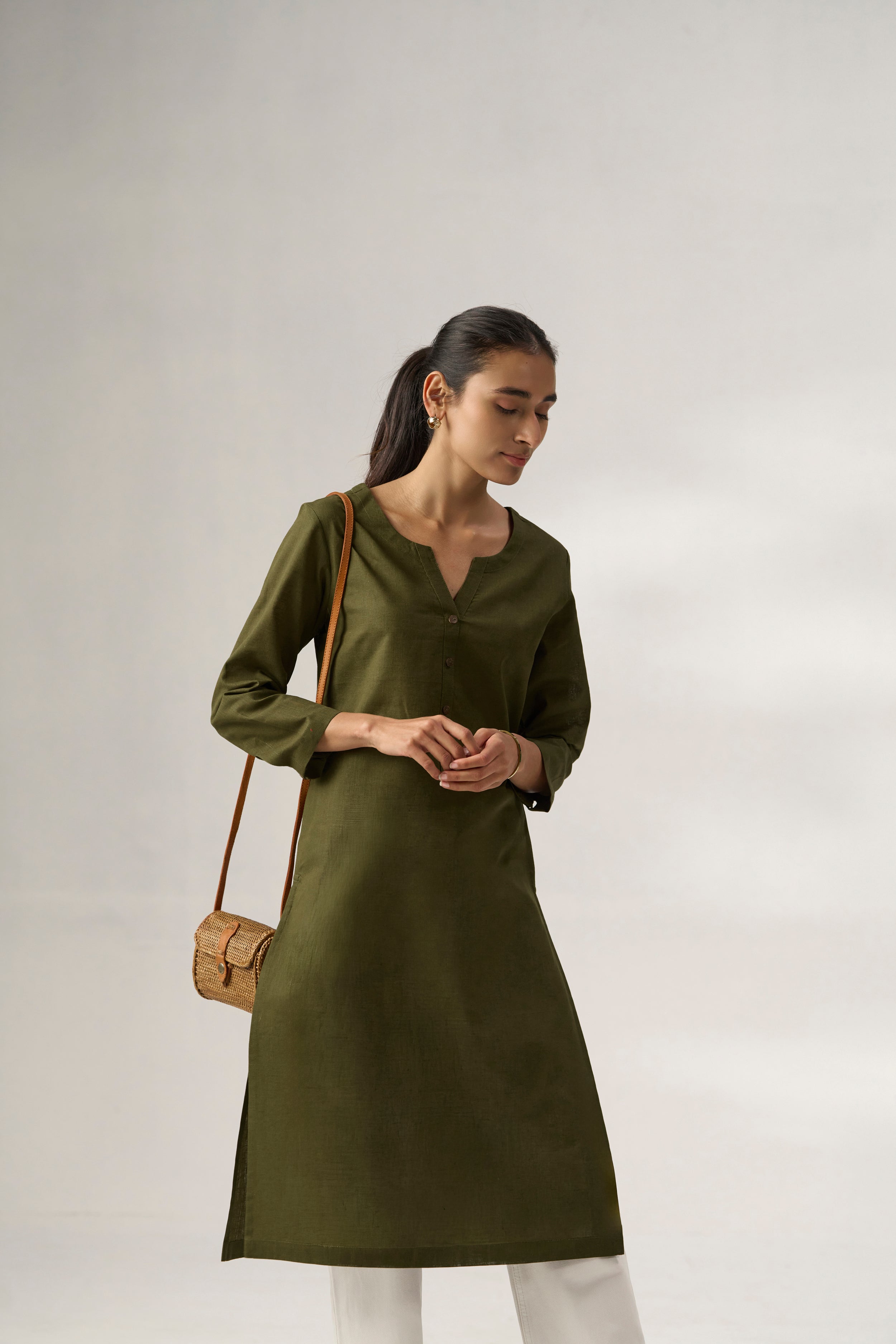 Olive Cotton Linen Plain Kurti with Buttoning Details