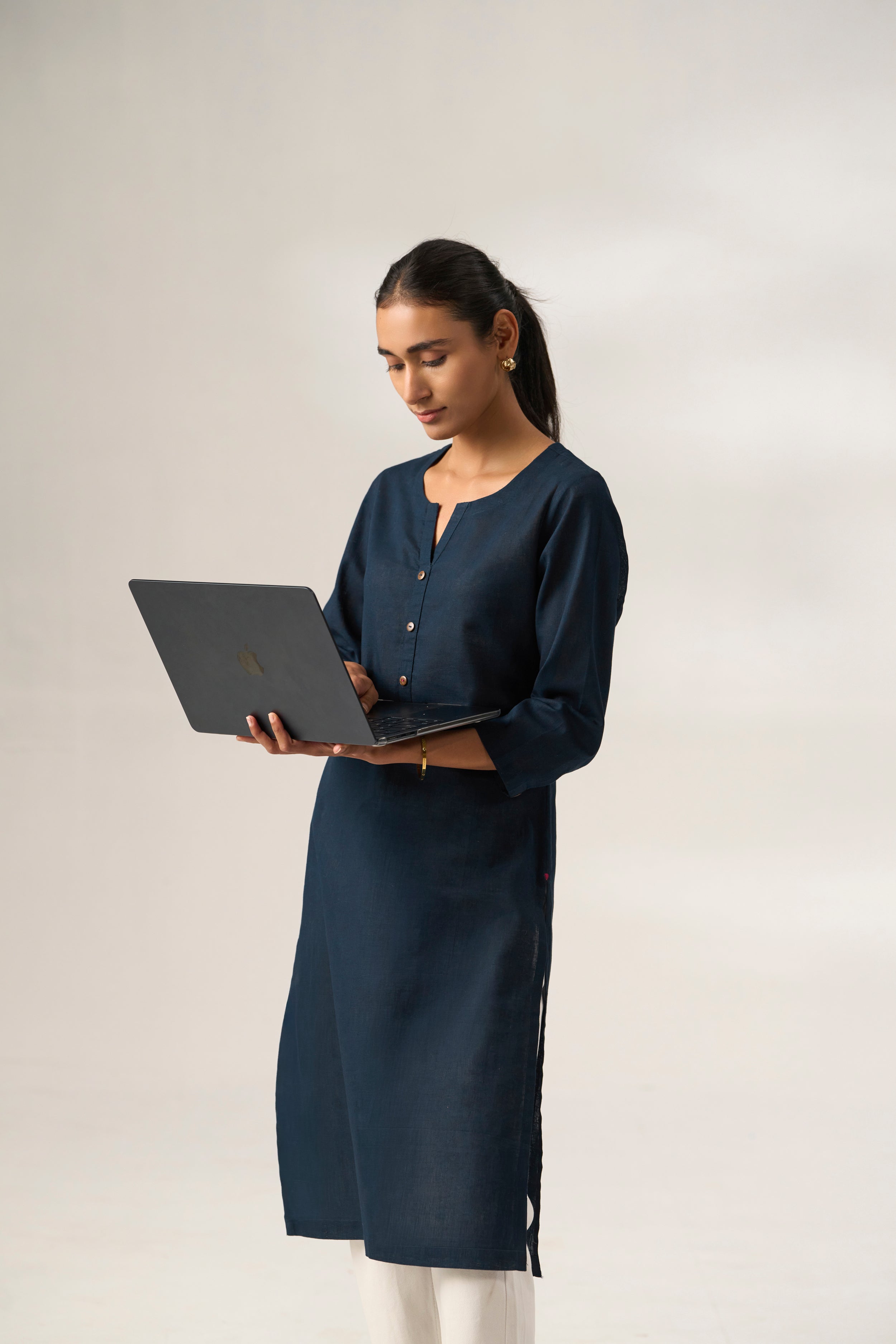 Navy Blue Cotton Linen Plain Kurti with Buttoning Details