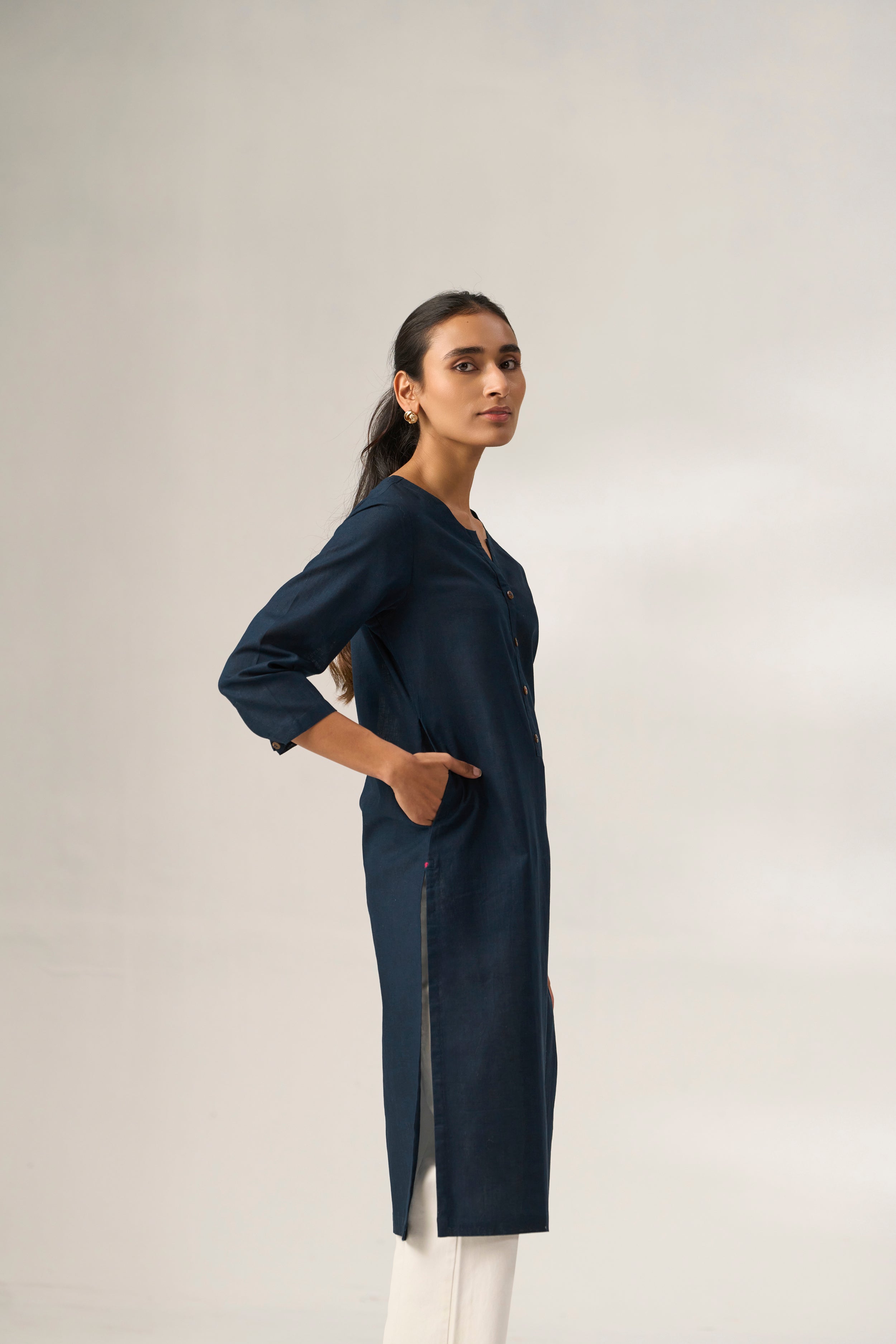 Navy Blue Cotton Linen Plain Kurti with Buttoning Details
