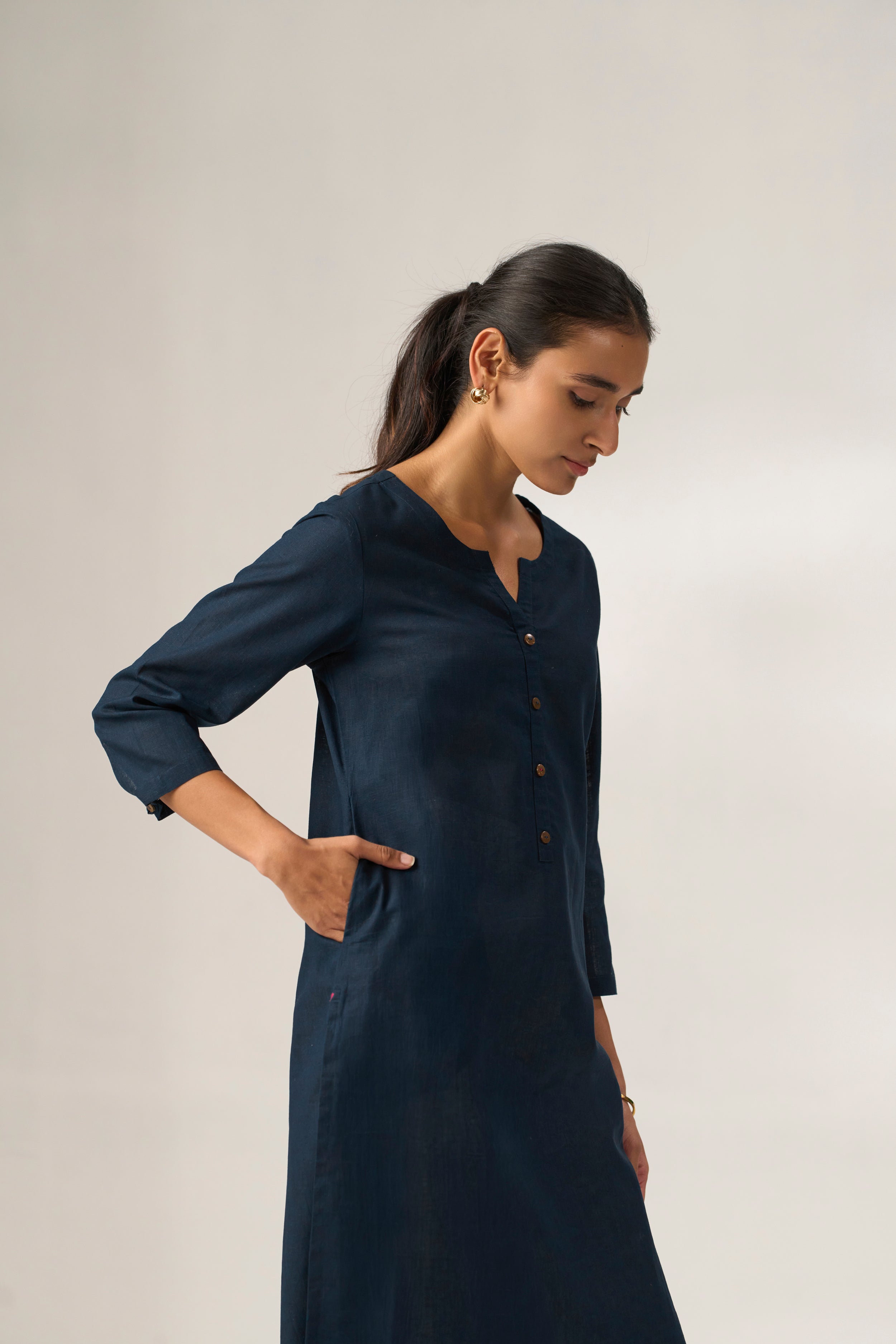 Navy Blue Cotton Linen Plain Kurti with Buttoning Details