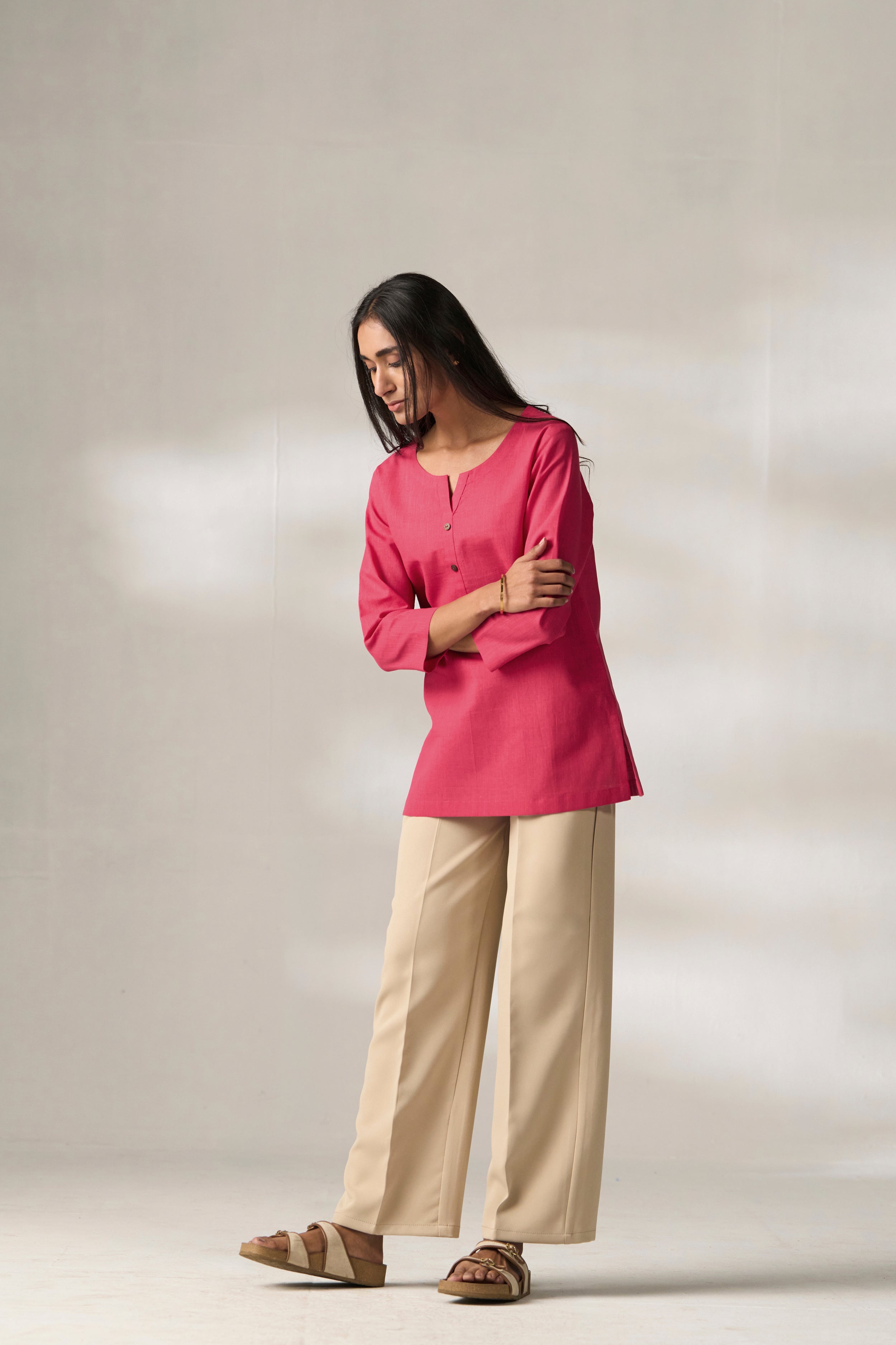 Rani Cotton Linen Plain Tunic with Buttoning Details