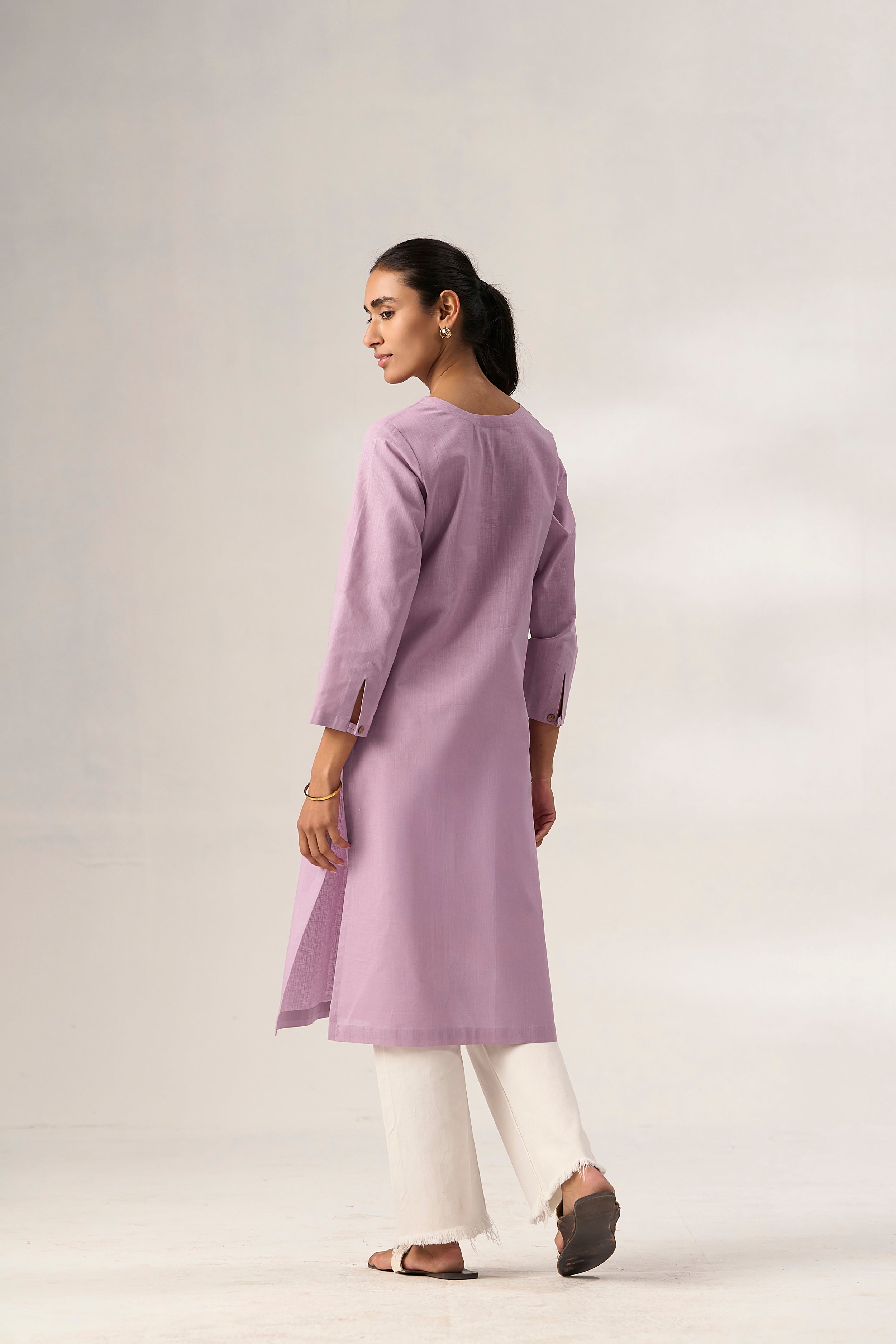 Lavender Cotton Linen Plain Kurti with Buttoning Details