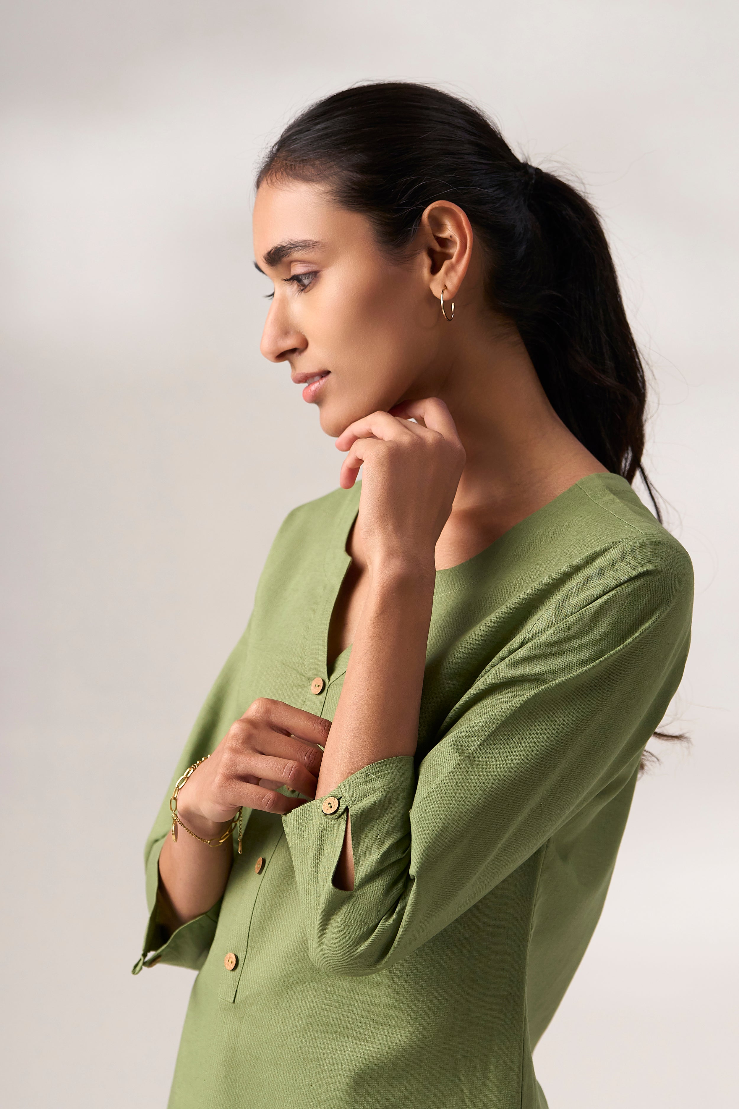 Green Cotton Linen Plain Kurti with Buttoning Details