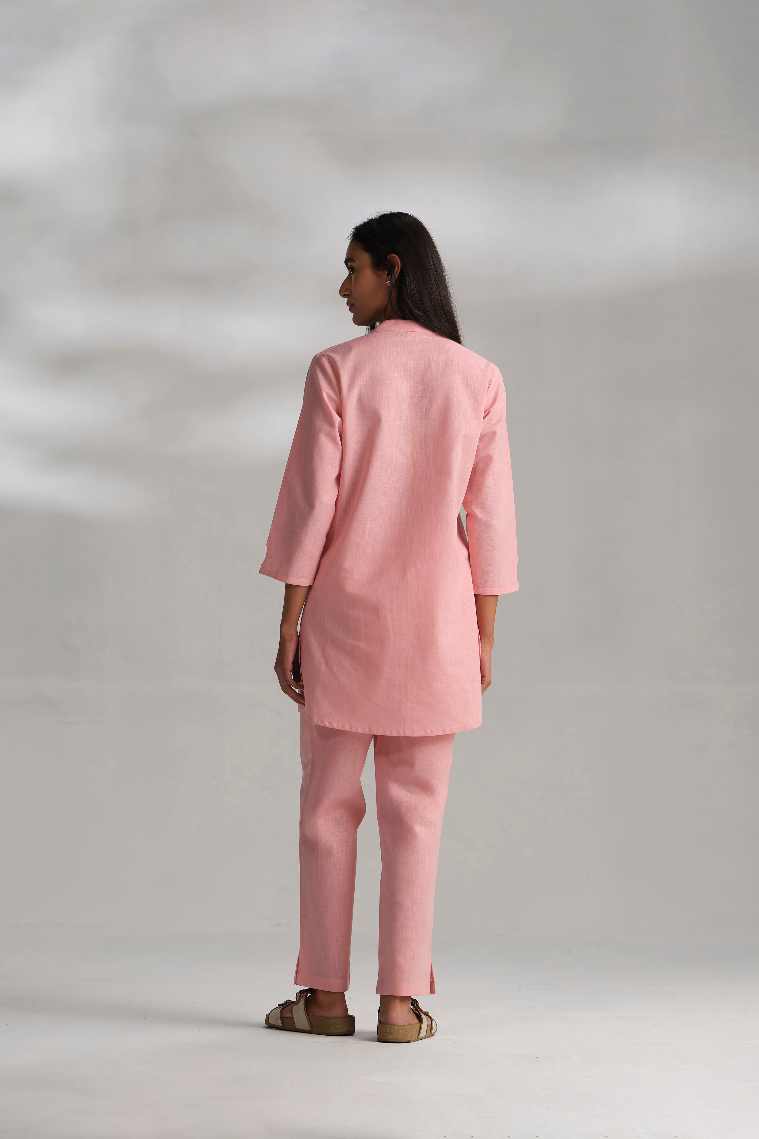 Pink Cotton Linen Plain Co-ord Set with Buttoning Details