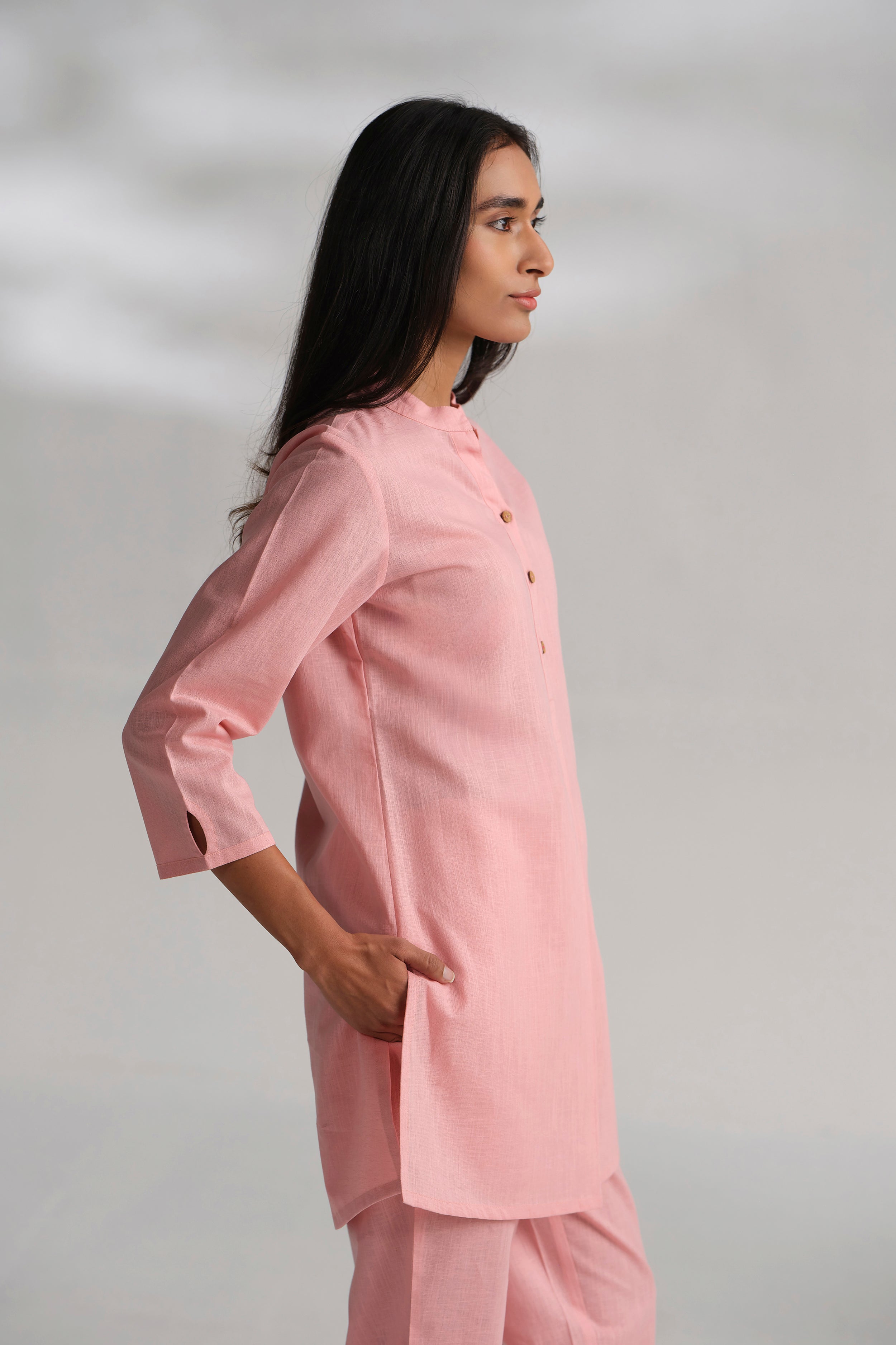 Pink Cotton Linen Plain Co-ord Set with Buttoning Details
