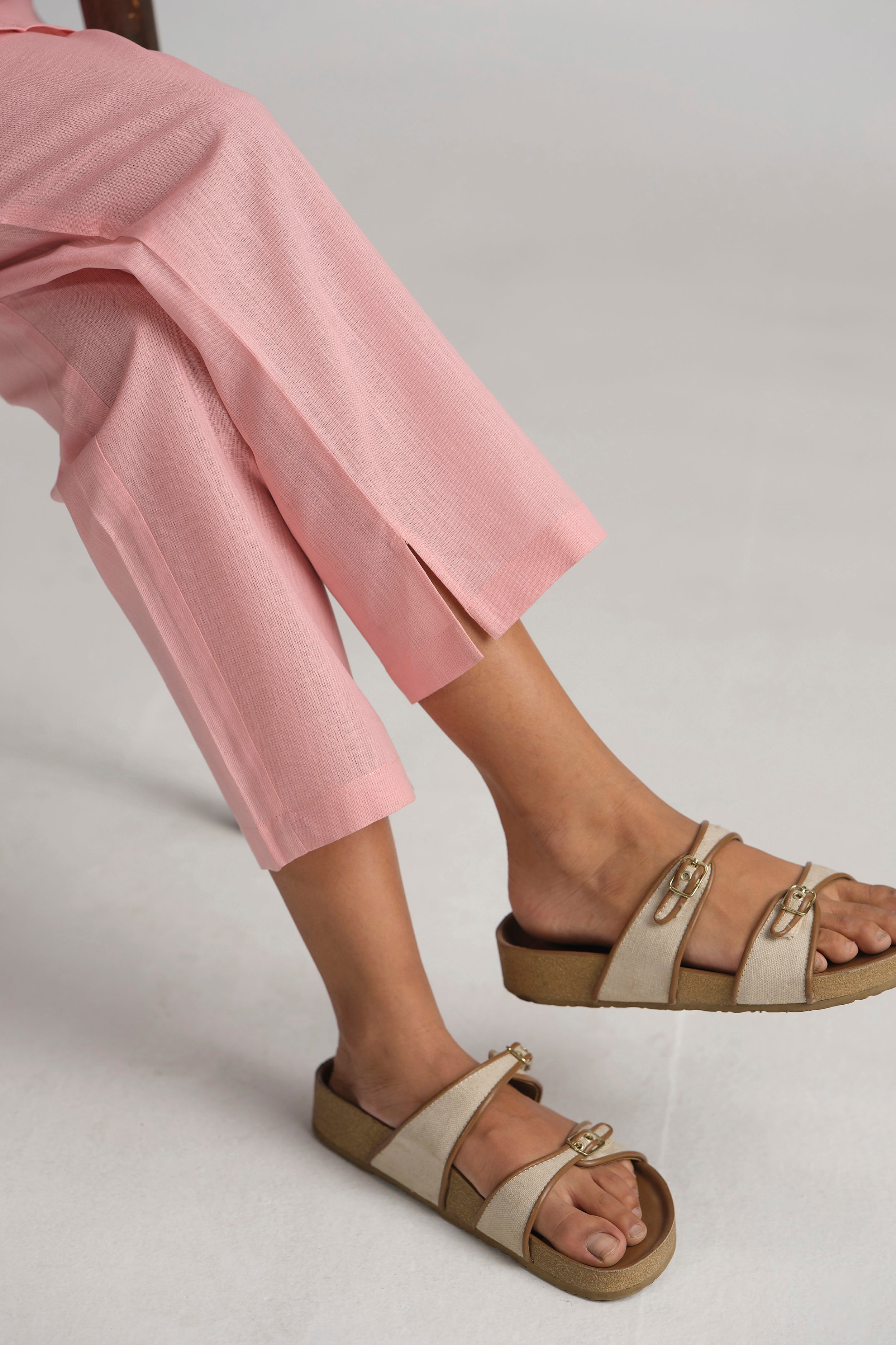 Pink Cotton Linen Plain Co-ord Set with Buttoning Details