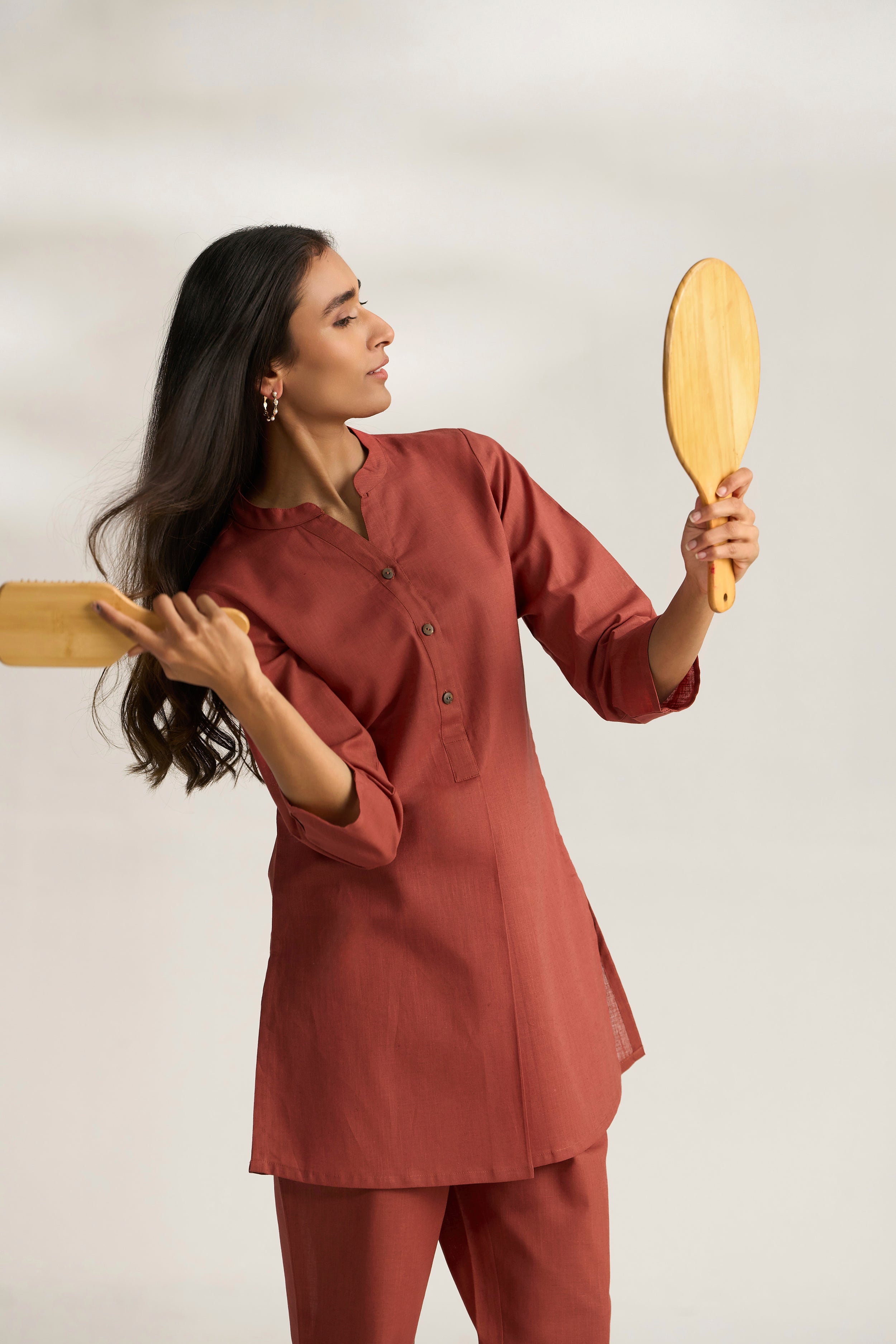 Rust Cotton Linen Plain Co-ord Set with Buttoning Details