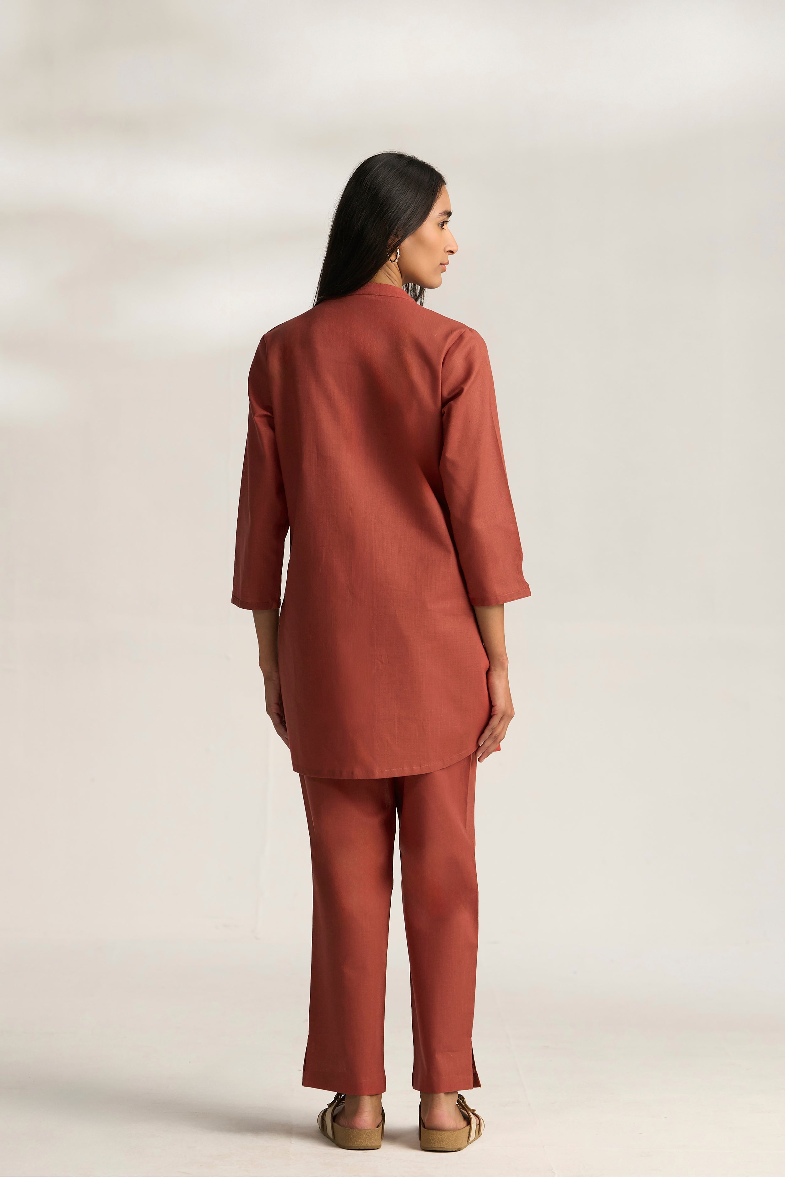 Rust Cotton Linen Plain Co-ord Set with Buttoning Details