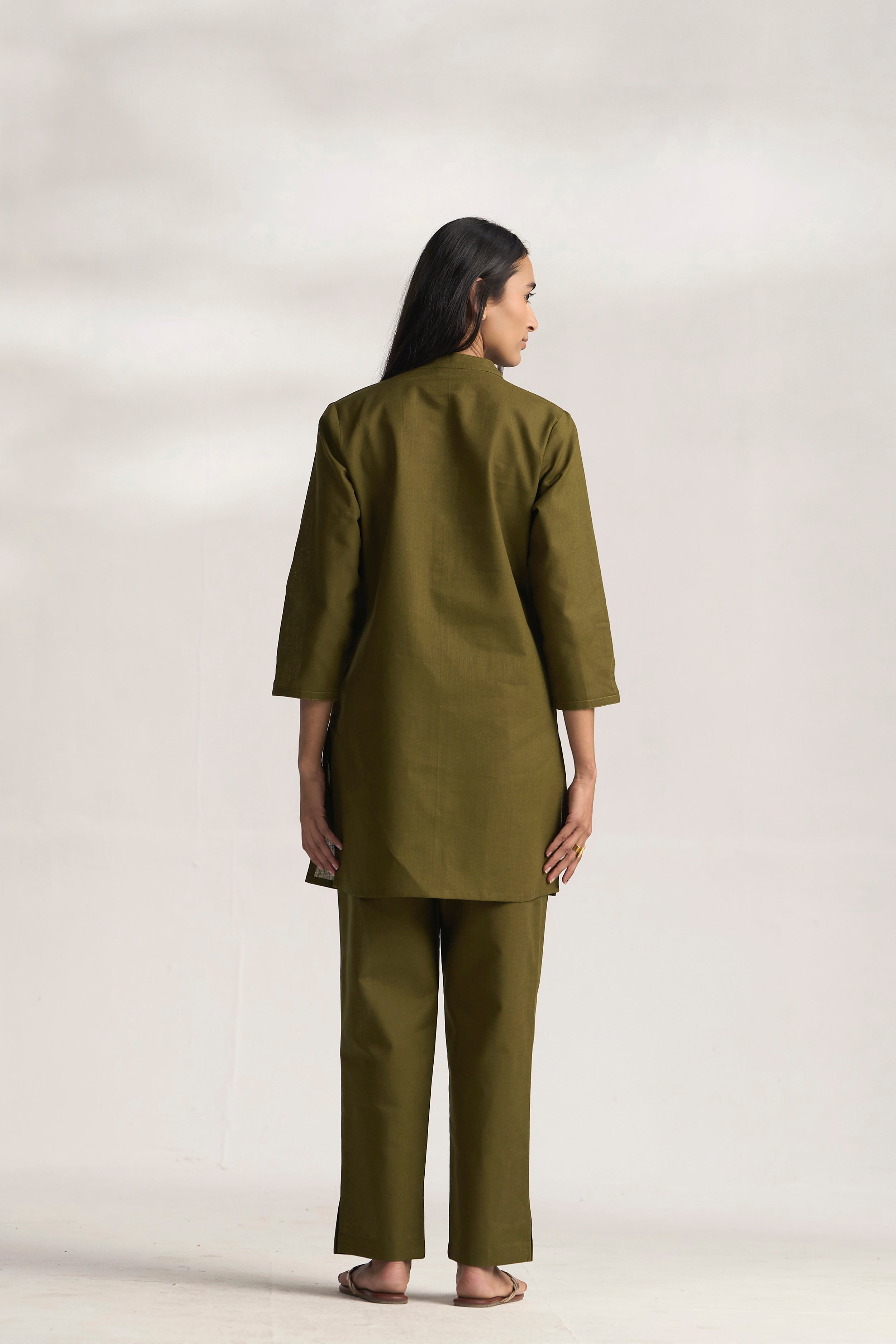 Olive Cotton Linen Plain Co-ord Set with Buttoning Details