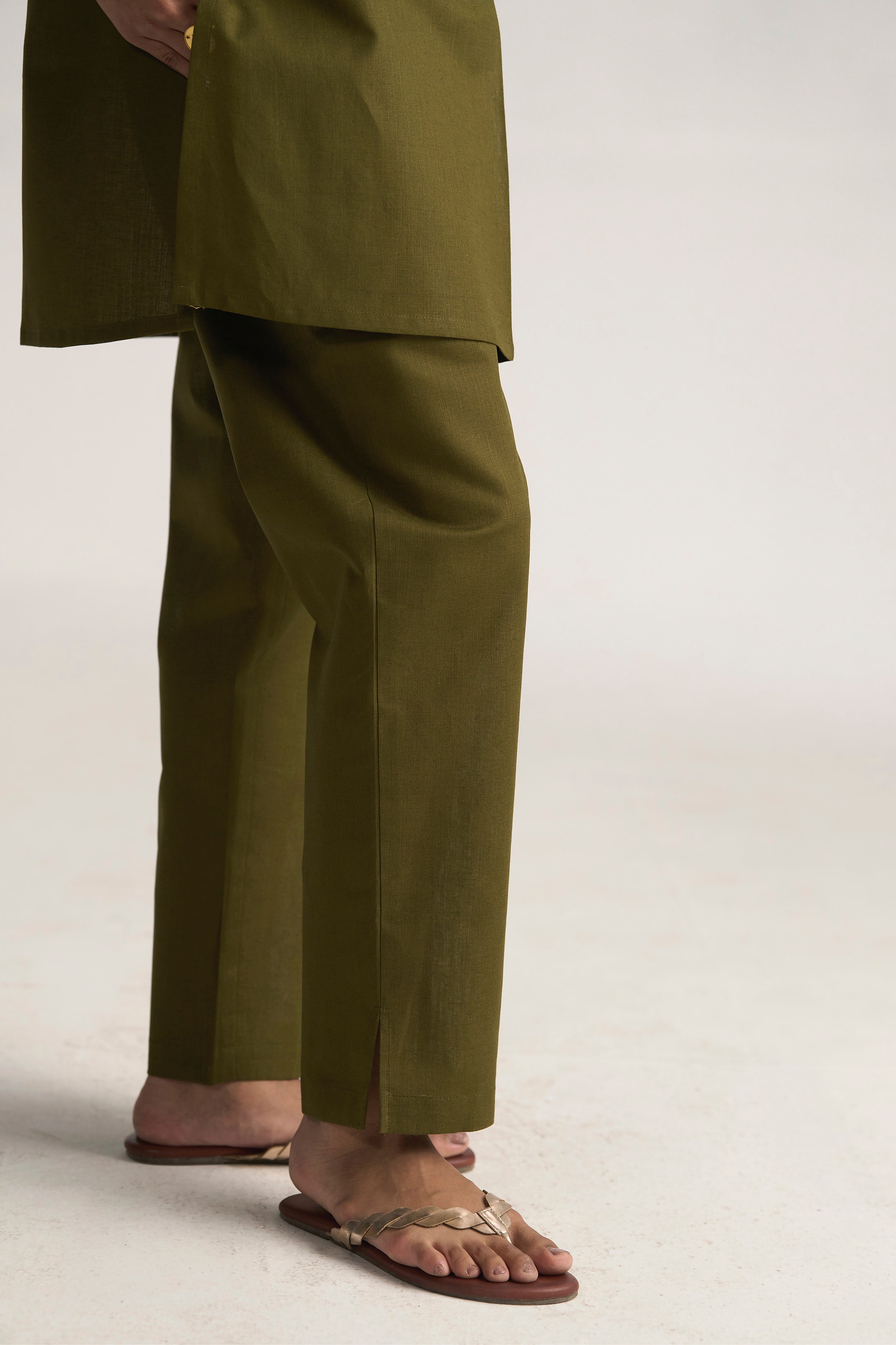 Olive Cotton Linen Plain Co-ord Set with Buttoning Details