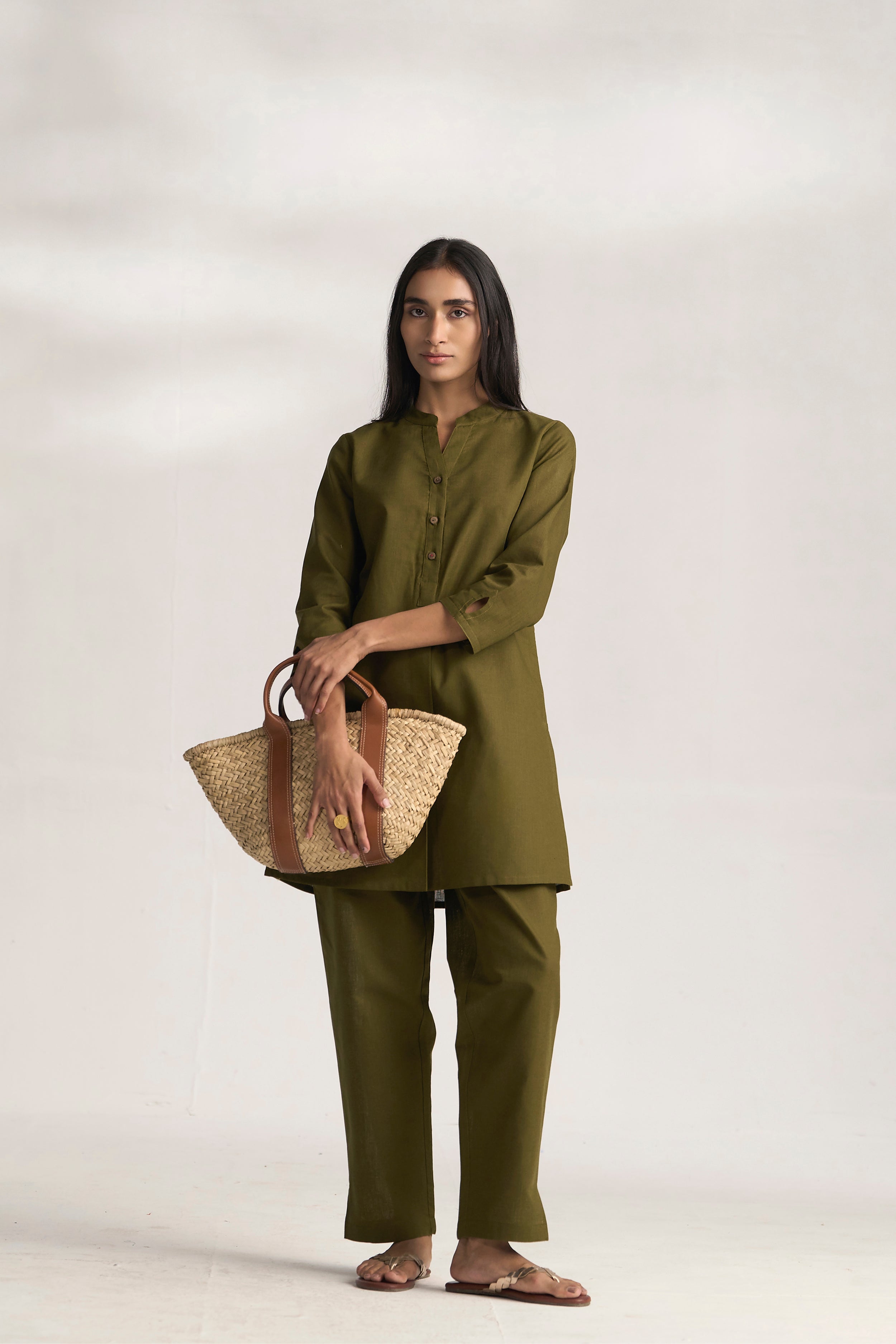 Olive Cotton Linen Plain Co-ord Set with Buttoning Details