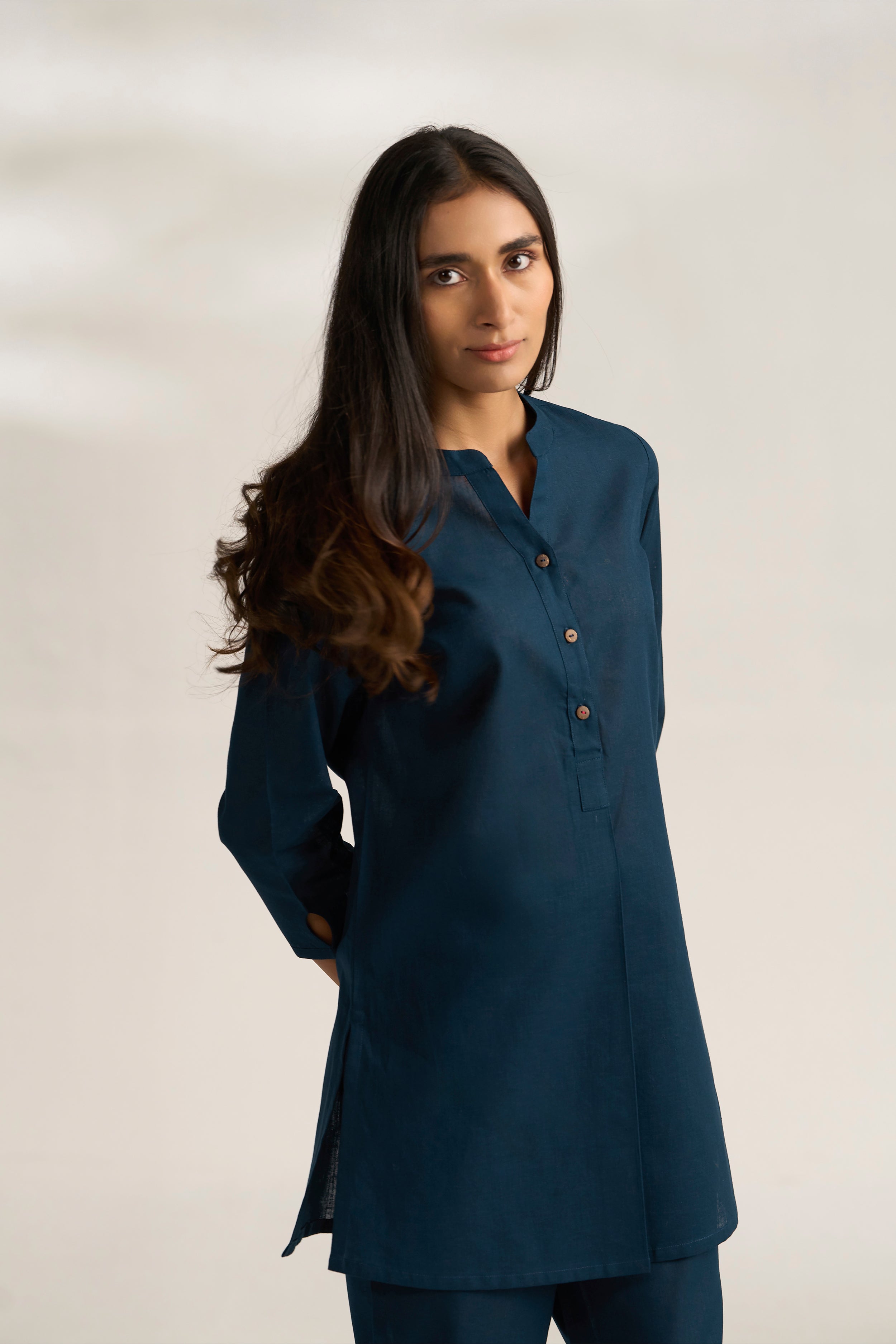 Navy Blue Cotton Linen Plain Co-ord Set with Buttoning Details