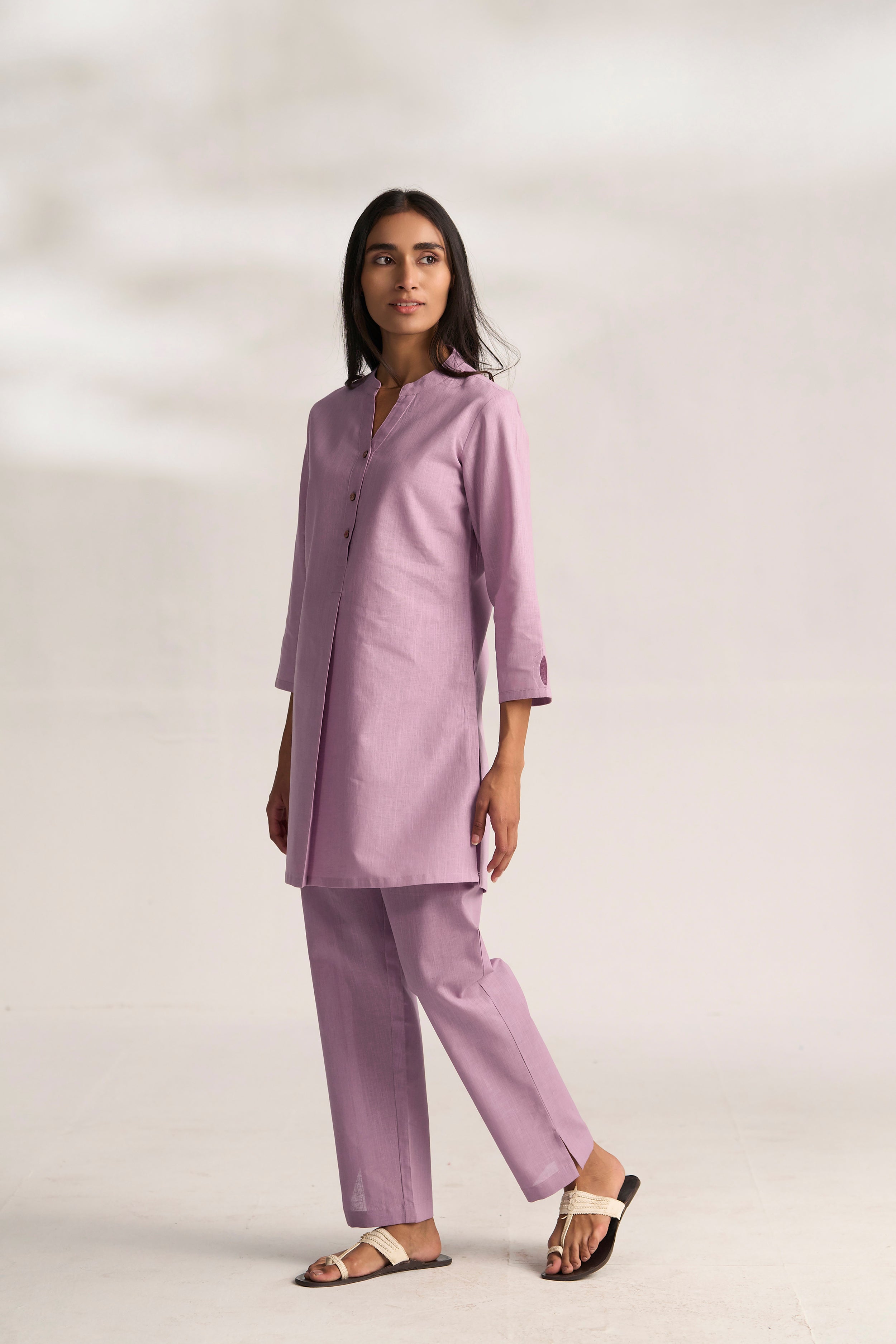 Lavender Cotton Linen Plain Co-ord Set with Buttoning Details