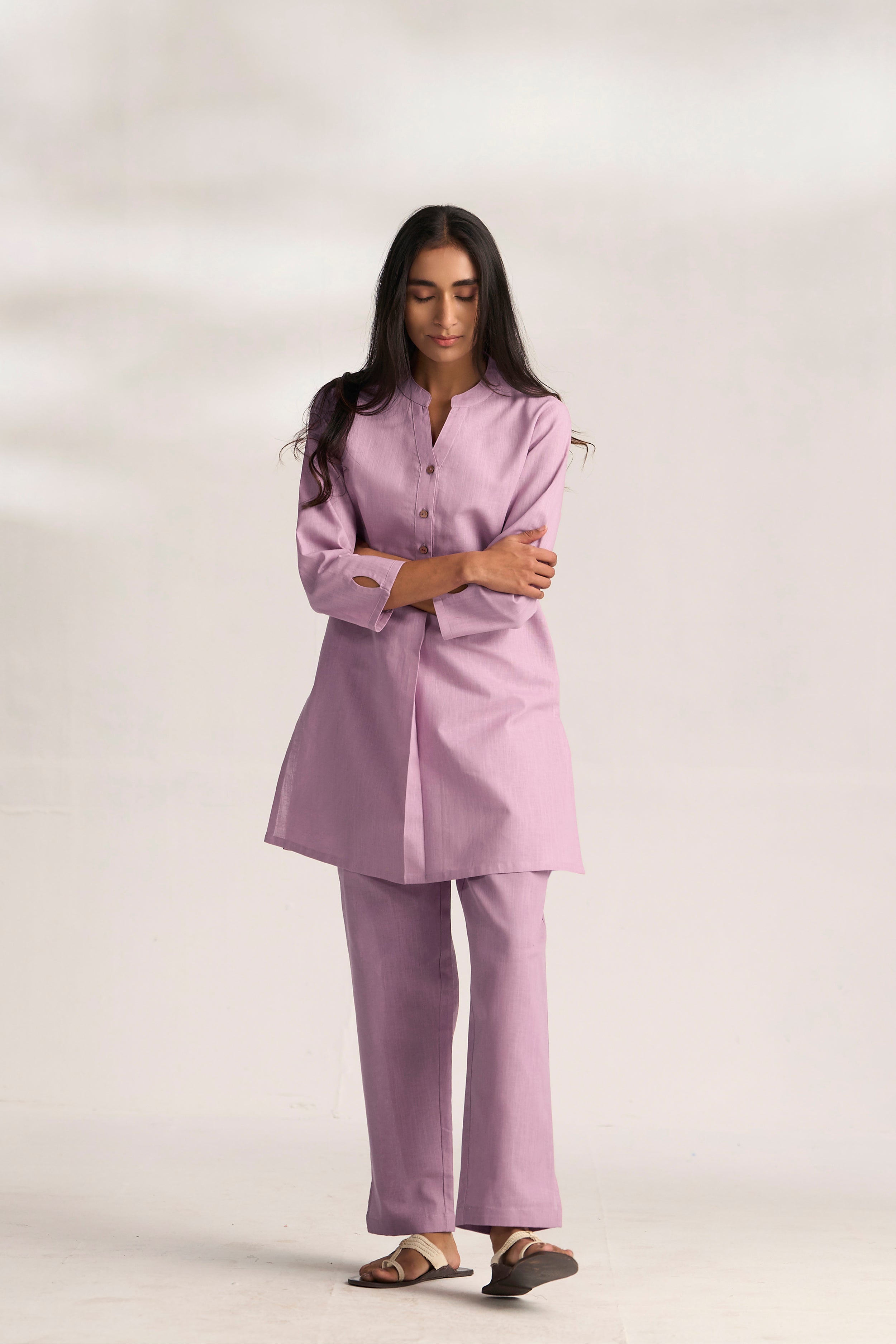 Lavender Cotton Linen Plain Co-ord Set with Buttoning Details