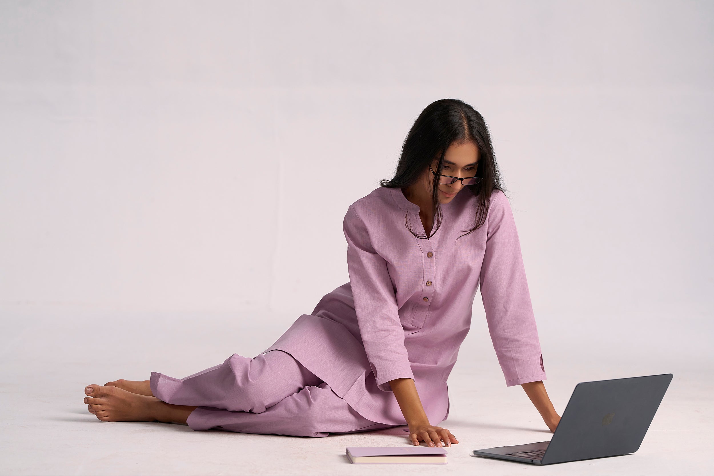 Lavender Cotton Linen Plain Co-ord Set with Buttoning Details