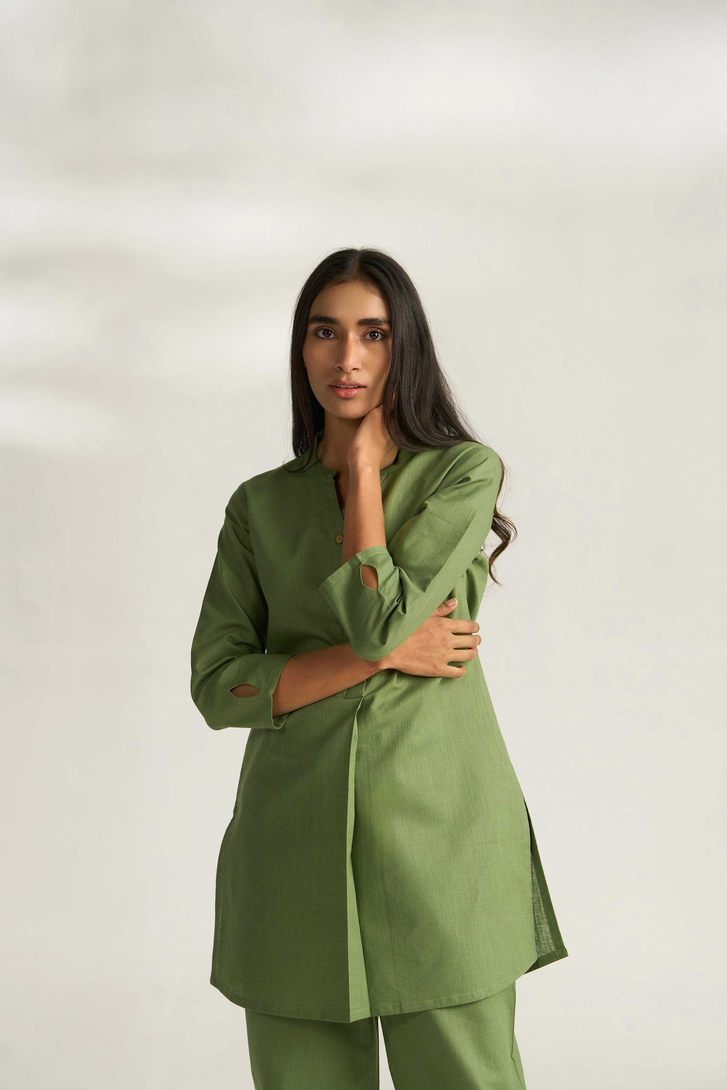 Green Cotton Linen Plain Co-ord Set with Buttoning Details